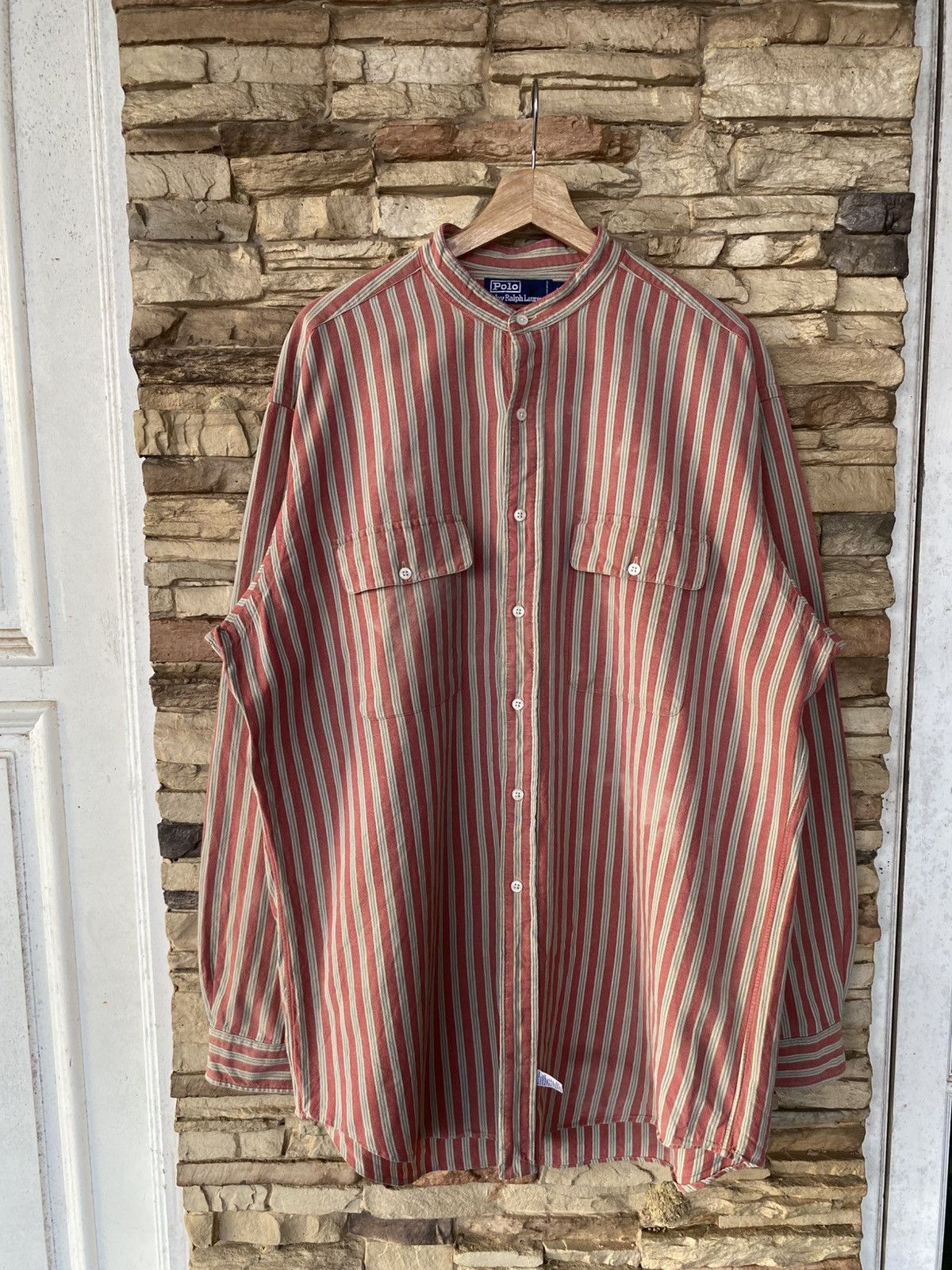 Polo Ralph Lauren Vintage 90s Polo Ralph Lauren Striped Two-Pocket Button-Up Mandarin Collar Long Sleeve Shirt Kemeja Size US XXL / EU 58 / 5 - 1 Thumbnail