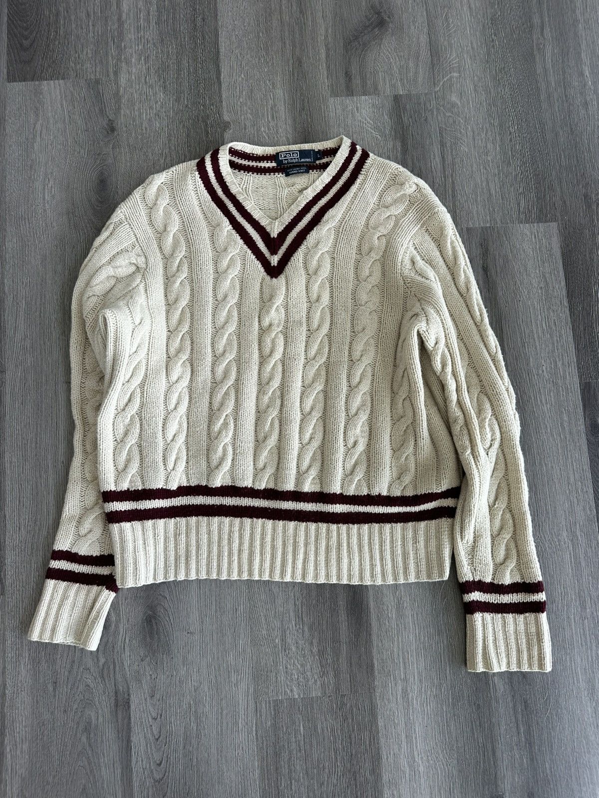 Polo Ralph Lauren Cream Hand-knit Wool Varsity Sweater Size US L / EU 52-54 / 3 - 1 Thumbnail