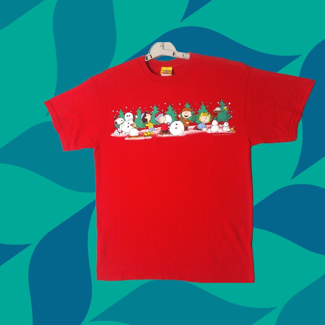 Vintage Peanuts Shirt Mens Medium Red Christmas Snoopy Charlie Brown Snow Shirt, Men's