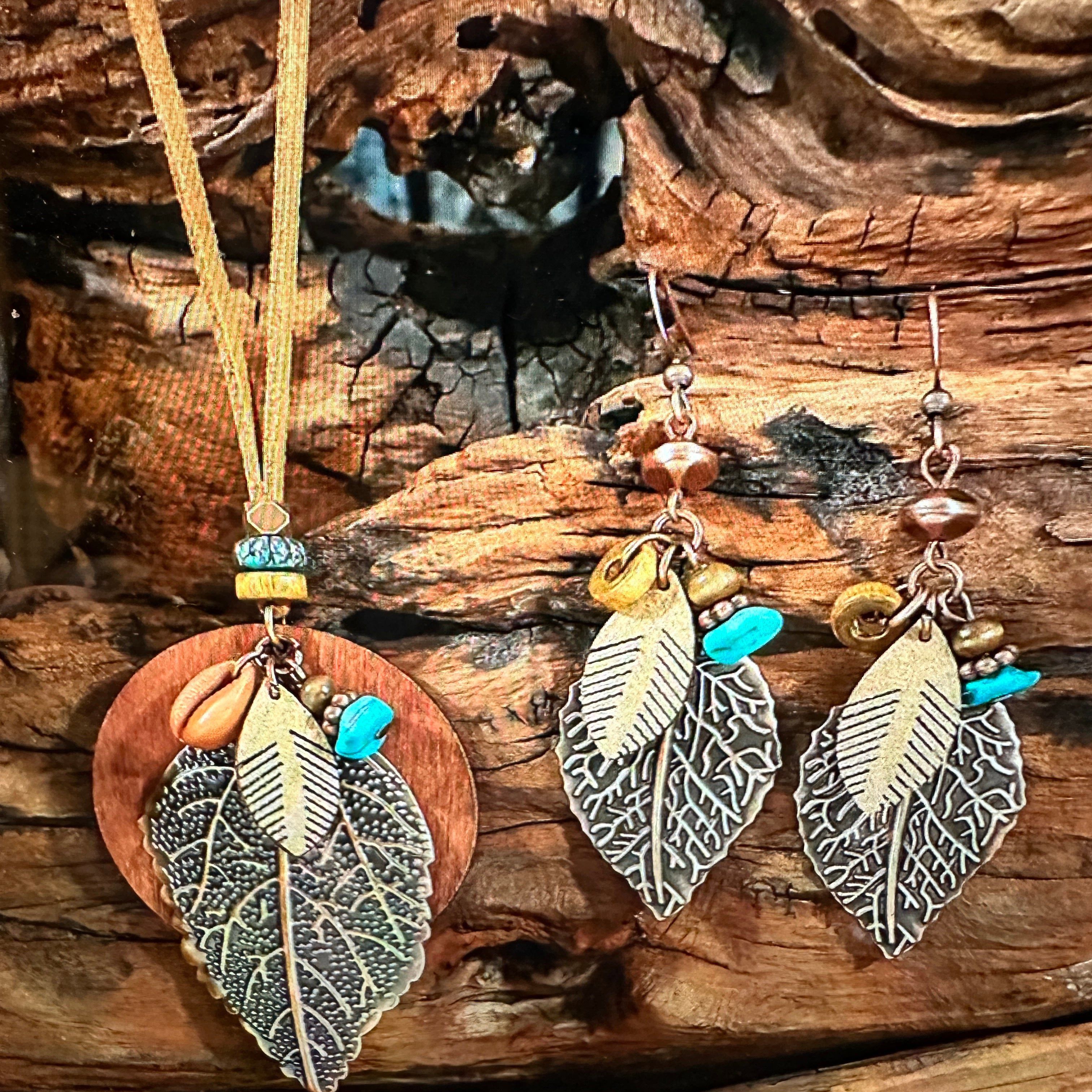 Other Bohemian Retro Copper Leaf Pendant Necklace Earrings Set For Size ONE SIZE - 1 Thumbnail