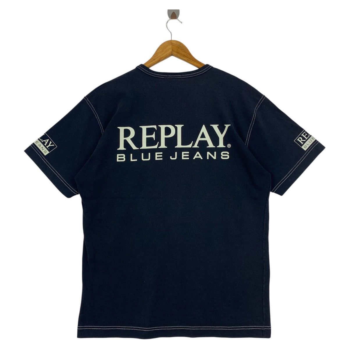 Replay × Vintage Vintage REPLAY Blue Jeans big spellout italian designer tee Size US L / EU 52-54 / 3 - 1 Thumbnail