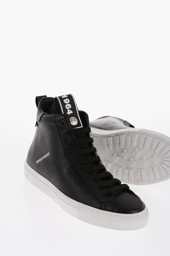 image of Dsquared2 Perforated Leather High-Top Sneakers With Contrasting Sole in Black, Men's (Size 10)