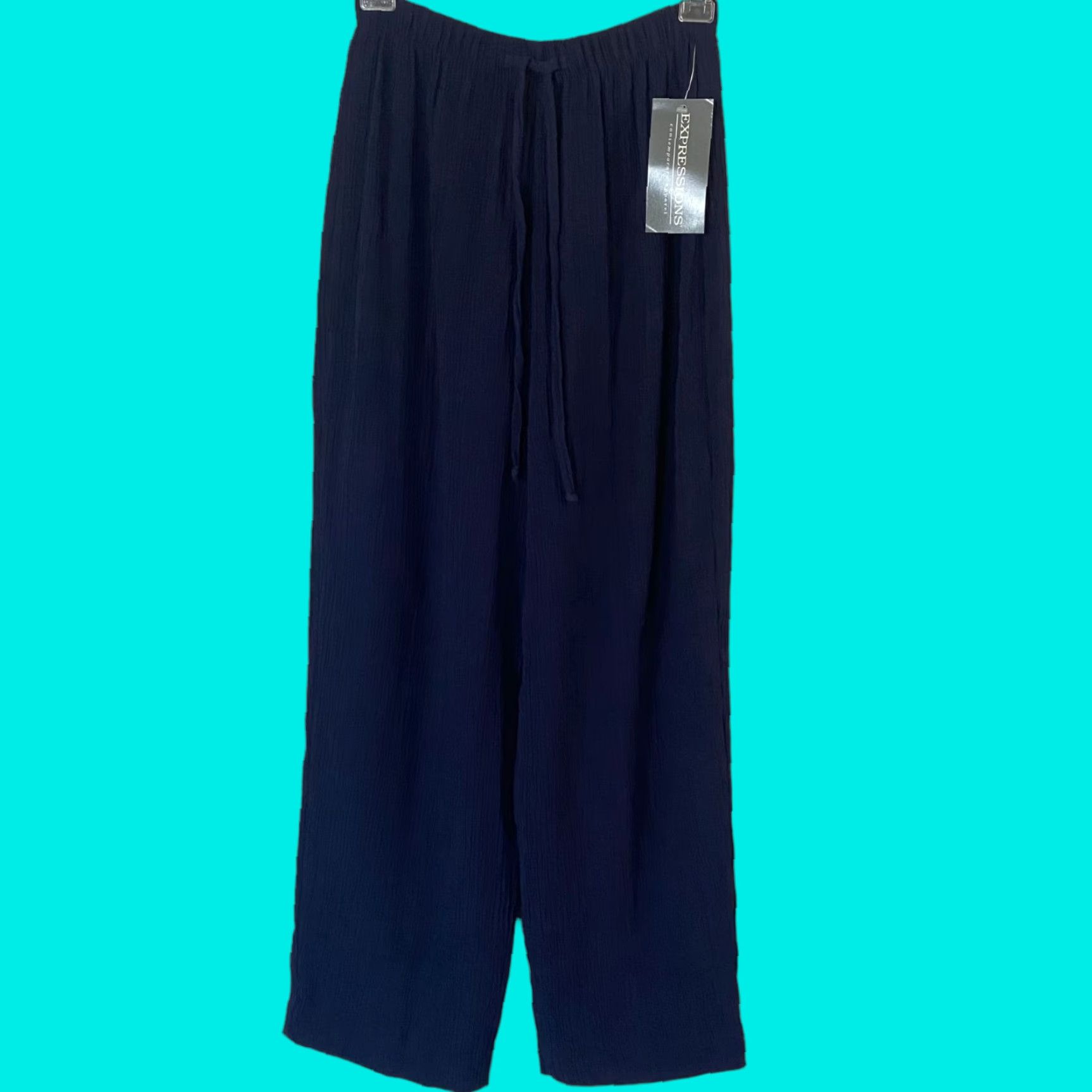 Vintage VINTAGE Expressions Pants Wide-Leg Blue Womens Small New USA Crinkled Crepe Pull On Size 28" / US 6 / IT 42 - 1 Thumbnail