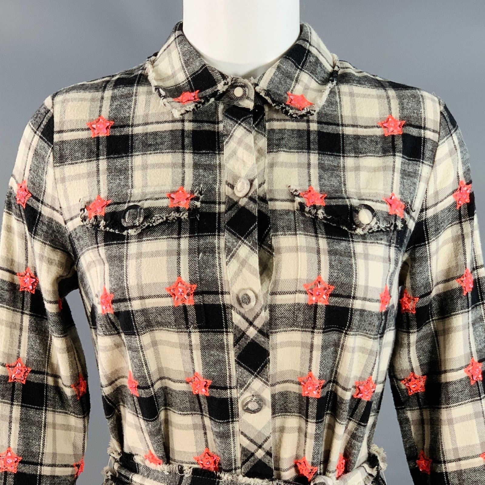 Other Beige Black Cotton Plaid Raw Edges Belted Mini Shirt Dress Size XS / US 0-2 / IT 36-38 - 2 Thumbnail