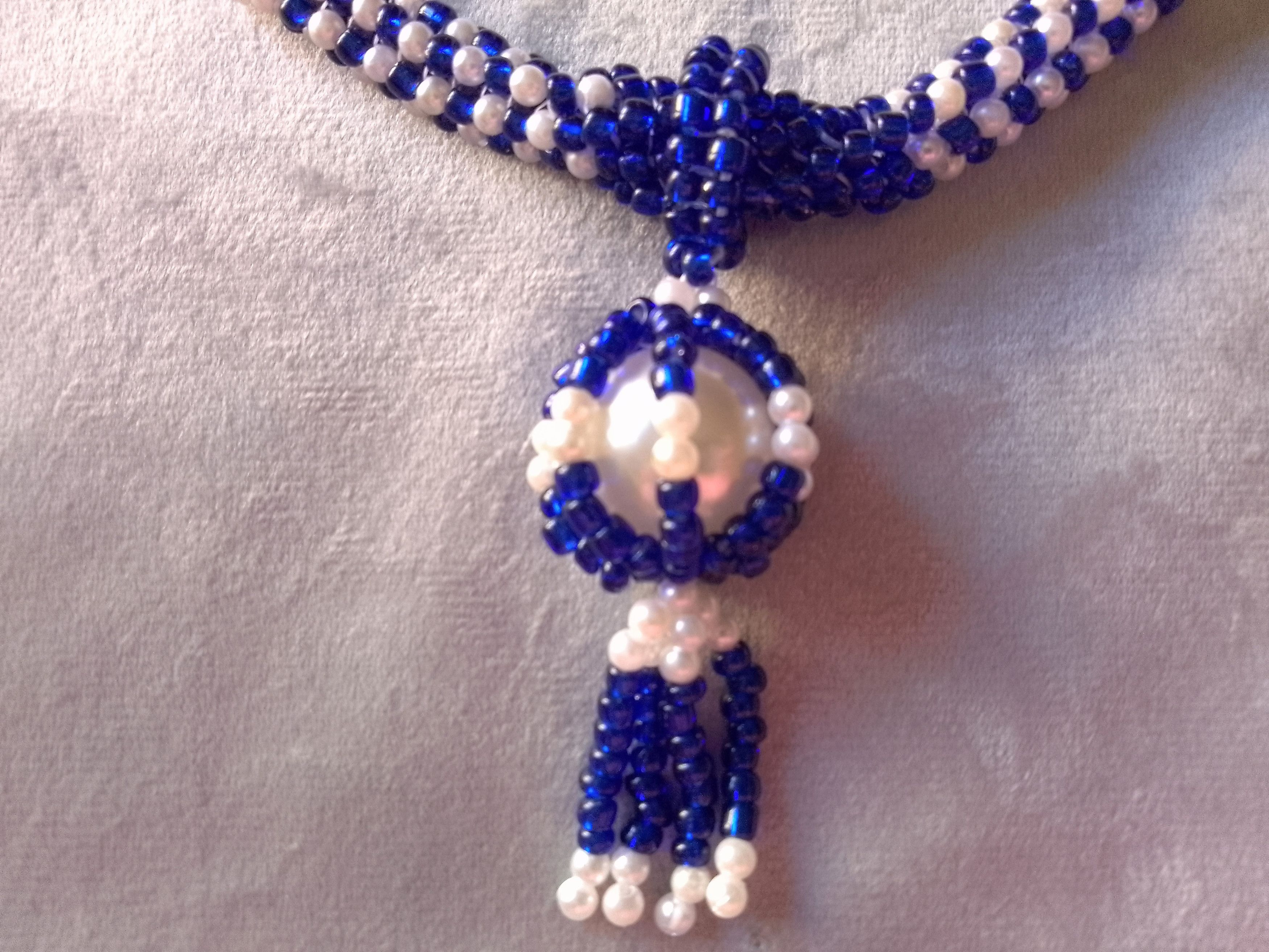 Handmade Necklace Vintage Style Ivory Pearls, Blue Pendant Bangs Size ONE SIZE - 3 Thumbnail