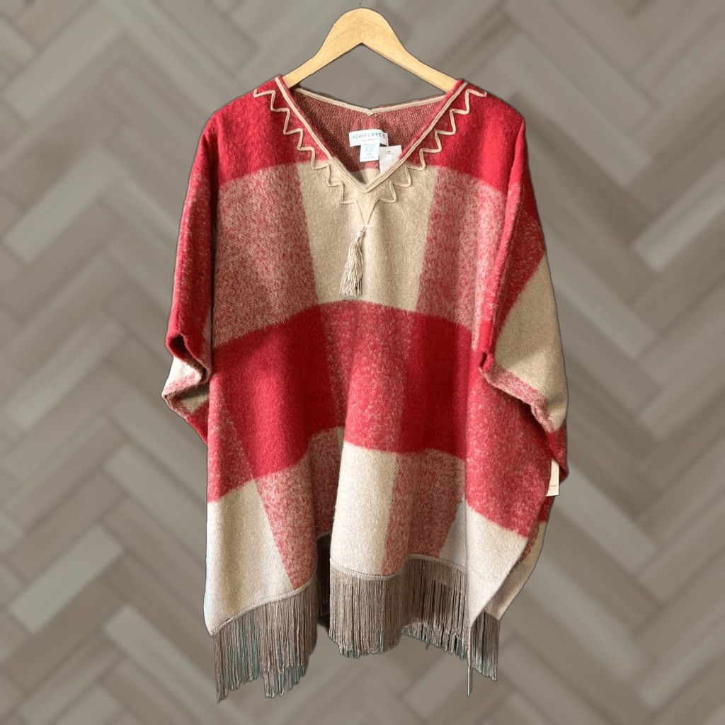 Vintage NWT Adam Lippes for Target Plaid Mohair Fringe Trim Tassel Poncho Sweater Red S/M Women's Poncho Size S / US 4 / IT 40 - 1 Thumbnail