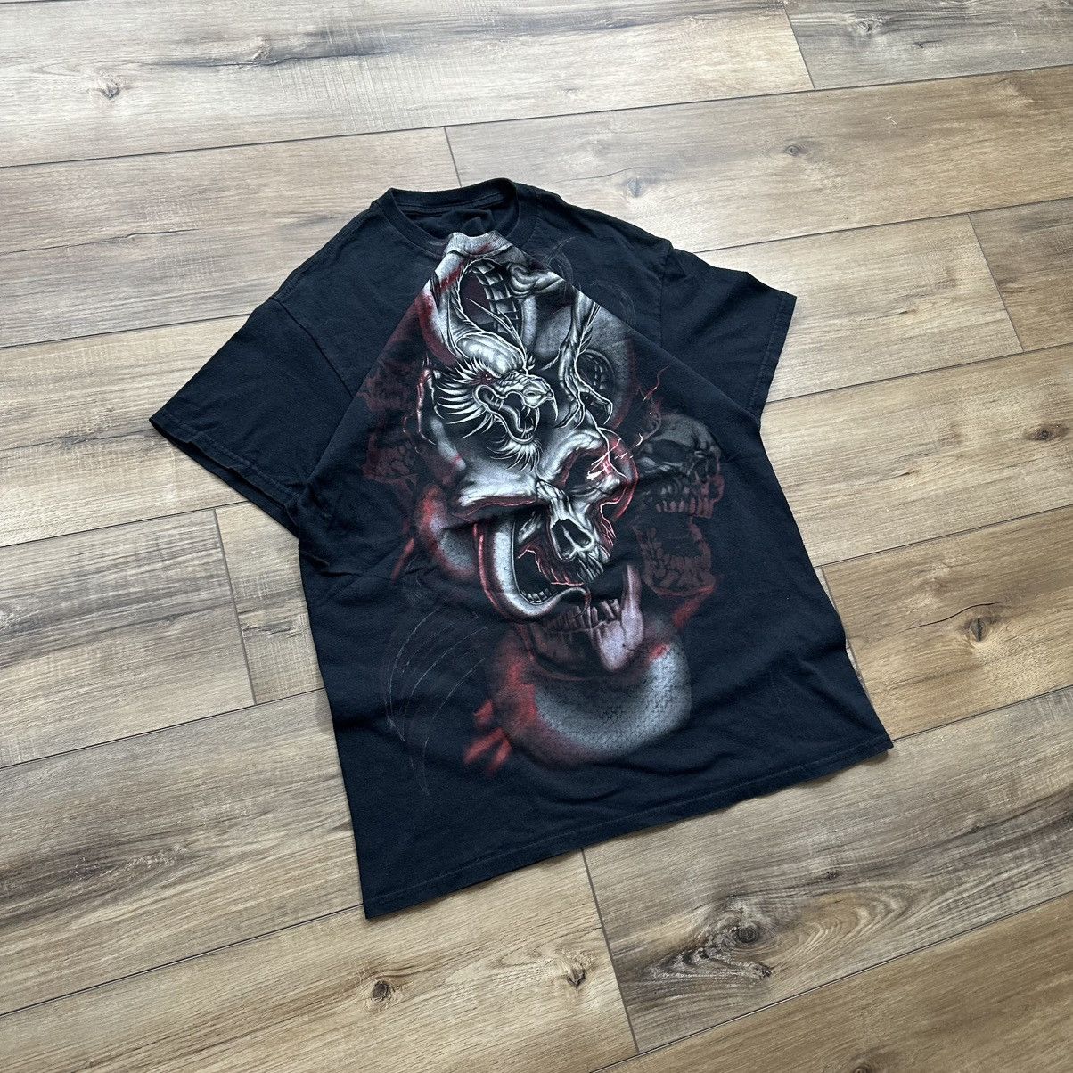 Other Vintage 2000s Y2K Black Skull AOP Grunge Graphic Tee Size US M / EU 48-50 / 2 - 2 Thumbnail