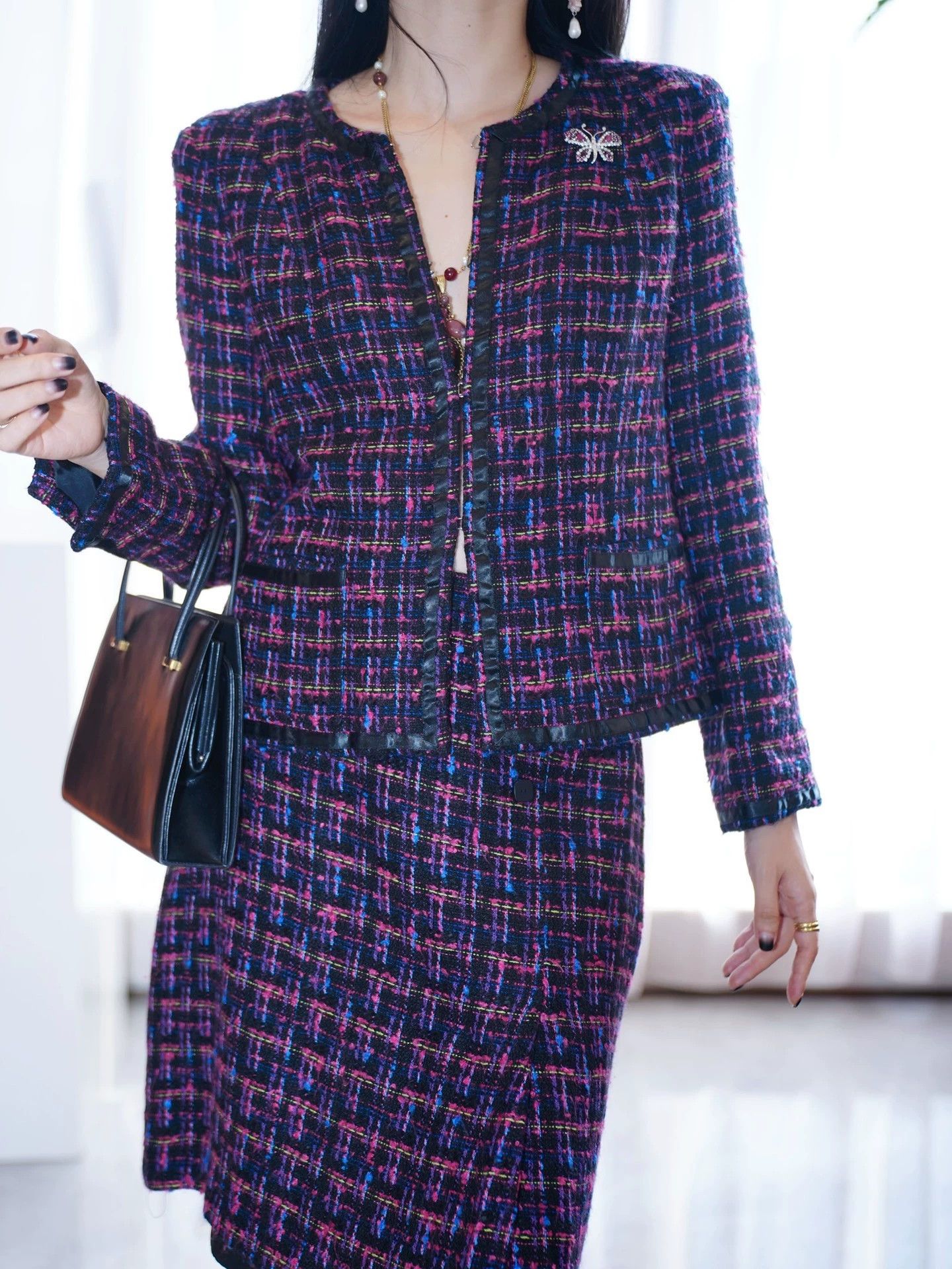 Oscar De La Renta Oscar de la renta Vntg Purple Tweed Skirt Suit 12 Size XL / US 12-14 / IT 48-50 - 2 Thumbnail