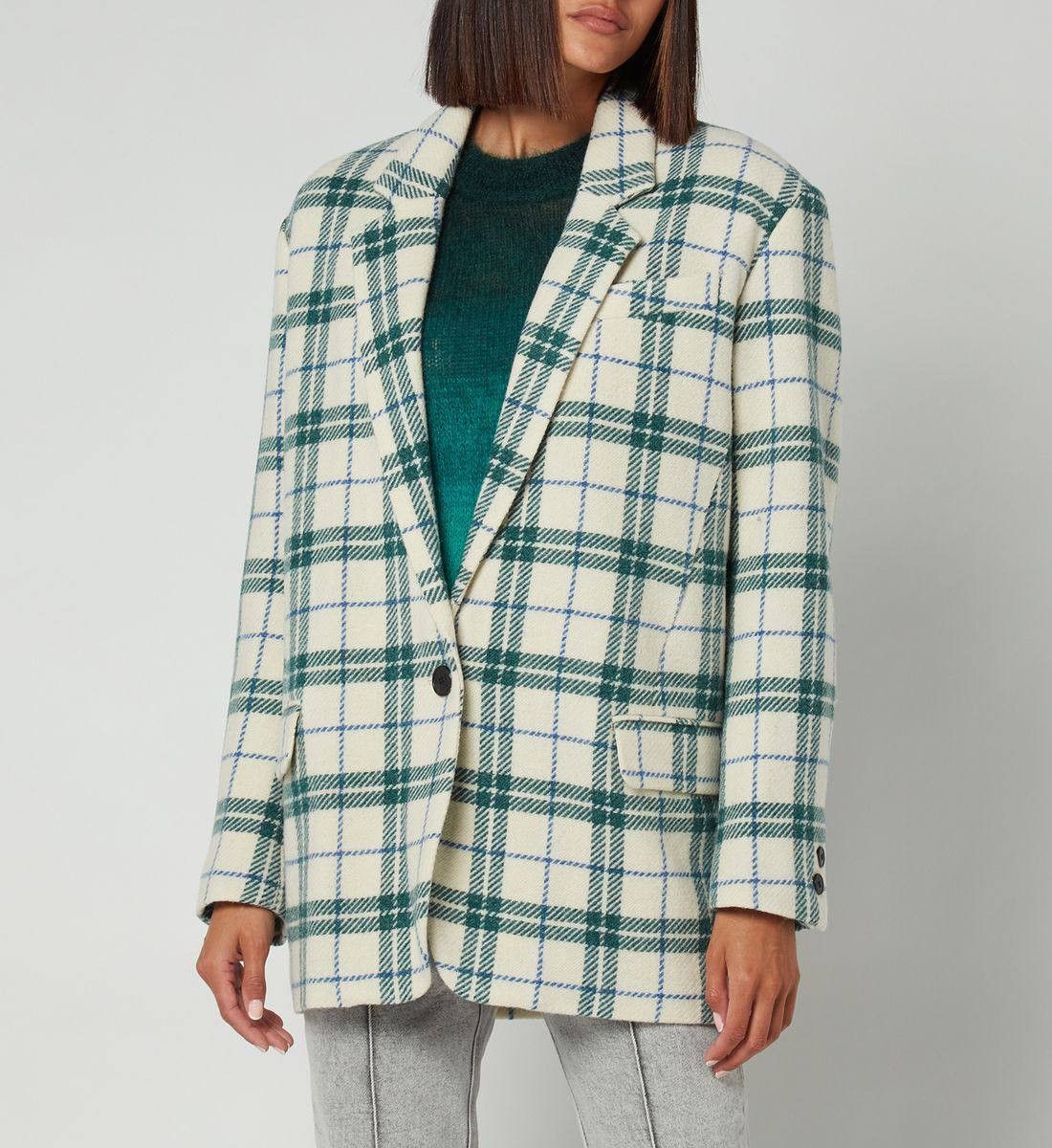 image of Isabel Marant Étoile Oversized Wool Check Jacket Size 34 in White Green, Women's