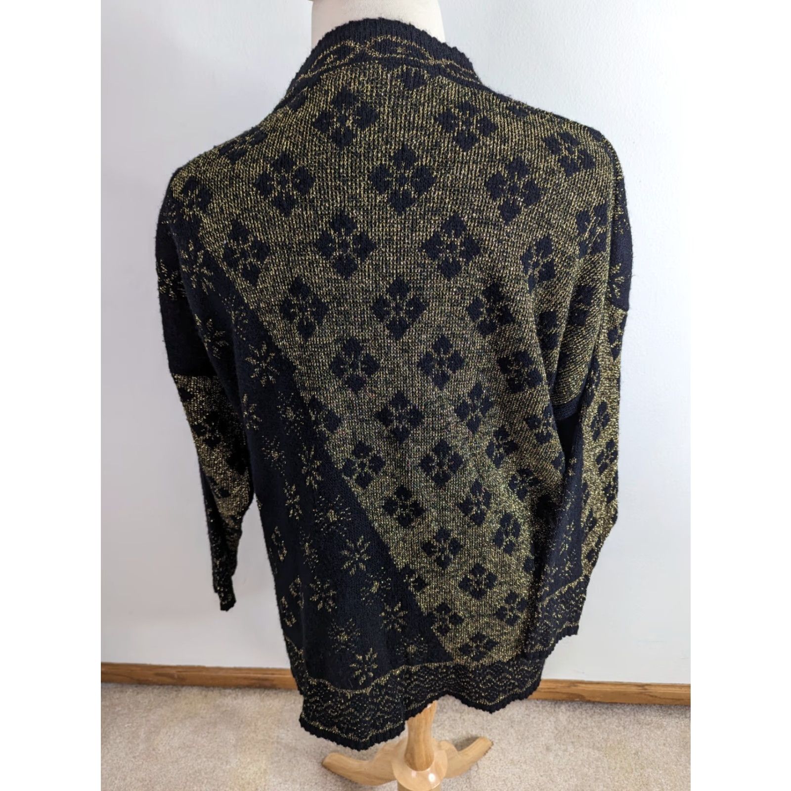 Vintage VINTAGE 80s Christmas Party Sweater Metallic Gold Black Women's 22W S11 Shirt Cardigan Open Christmas Look Women Womens Size 4XL / US 24-26 - 3 Thumbnail