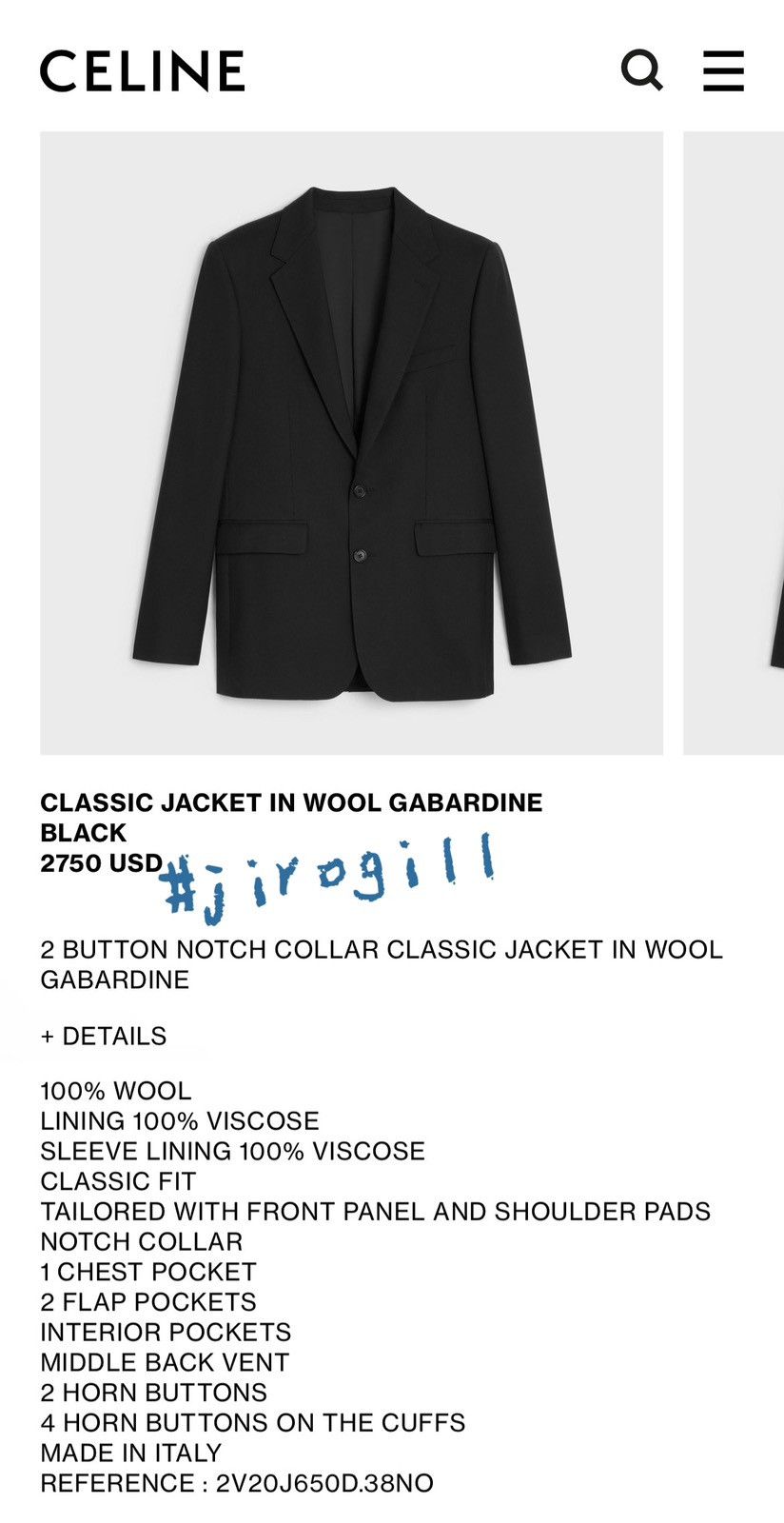Celine × Hedi Slimane Classic 2 Buttons Gabardine Wool Jacket sz52 Size 48S - 9 Thumbnail