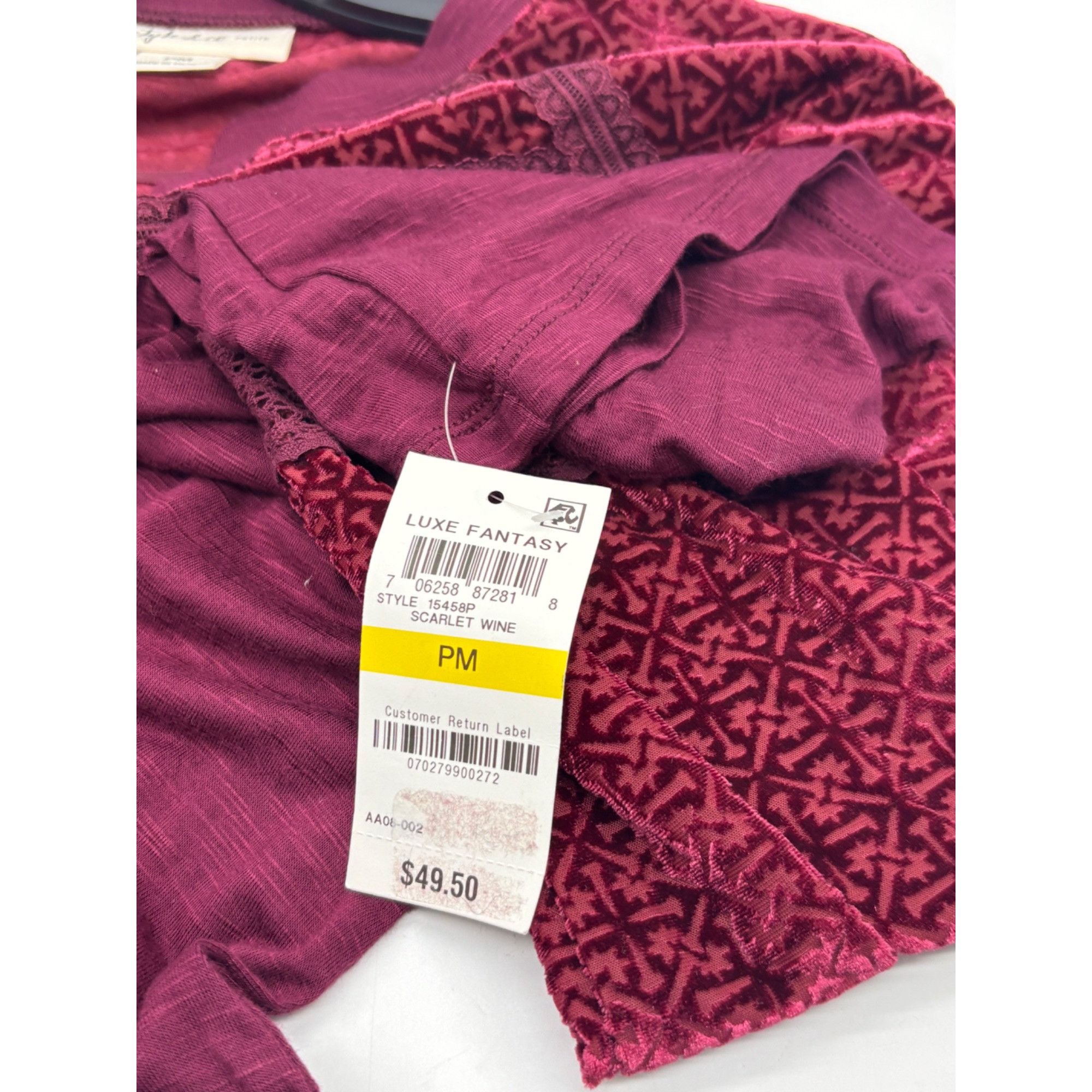 Style & Co Style & Co Petite Velvet-Trim Blouse, Scarlet Wine, Sz. PM Size ONE SIZE - 7 Thumbnail