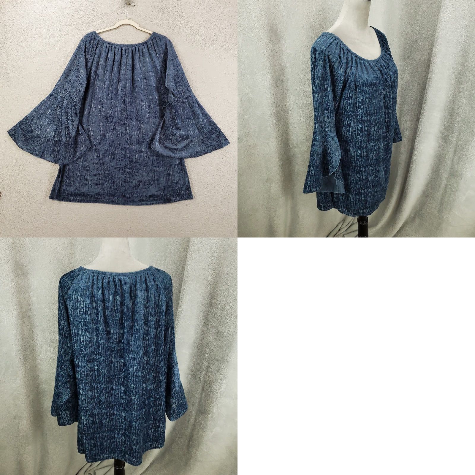 Vintage Calessa Sweater Womens Large Blue Velvet Bell Sleeve Top Boho Long Sleeve Scoop Neck Pullover Casual Party/Cocktail Size L / US 10 / IT 46 - 8 Thumbnail