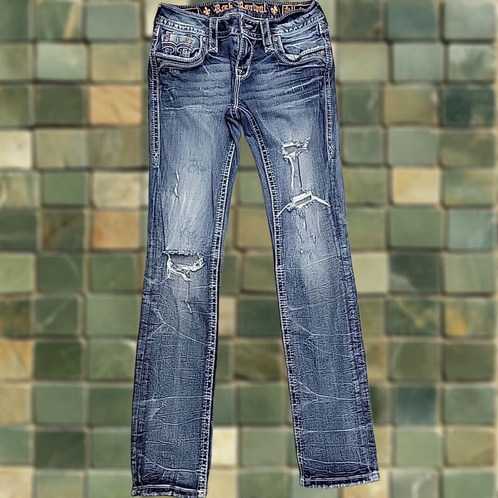 Vintage VINTAGE Rock Revival Jeans SZ 26 Faded Whiskered Distressed Denim Taye Straight Stretch Women Blue Pocket Design 5-Pocket Cowboy Mens Womens Girls Size 26" / US 2 / IT 38 - 1 Thumbnail