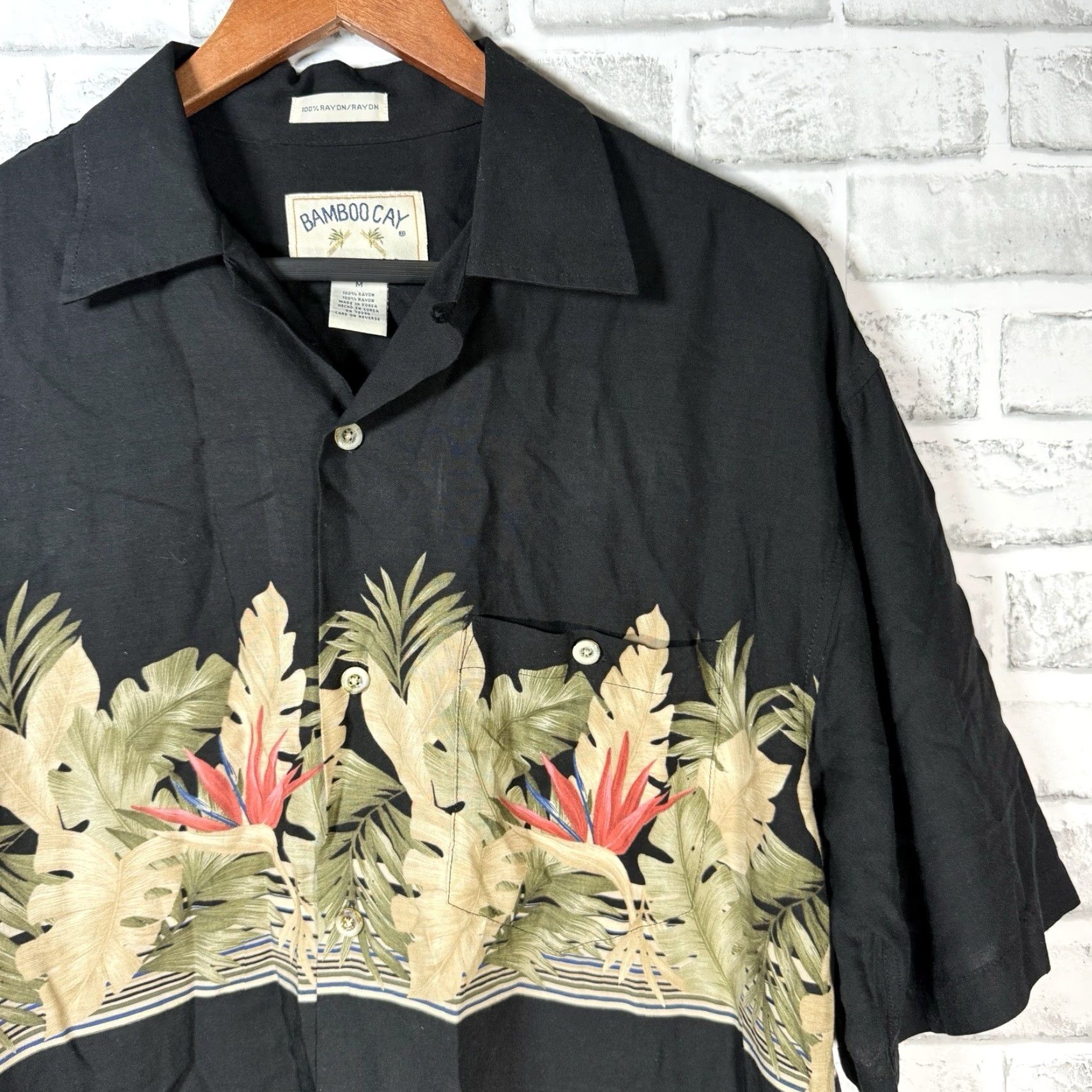 Vintage VTG Bamboo Cay Hawaiian Shirt Mens Size M Short Sleeve Black Palm Leaf Print 100% Rayon Button-Up Size US M / EU 48-50 / 2 - 2 Thumbnail