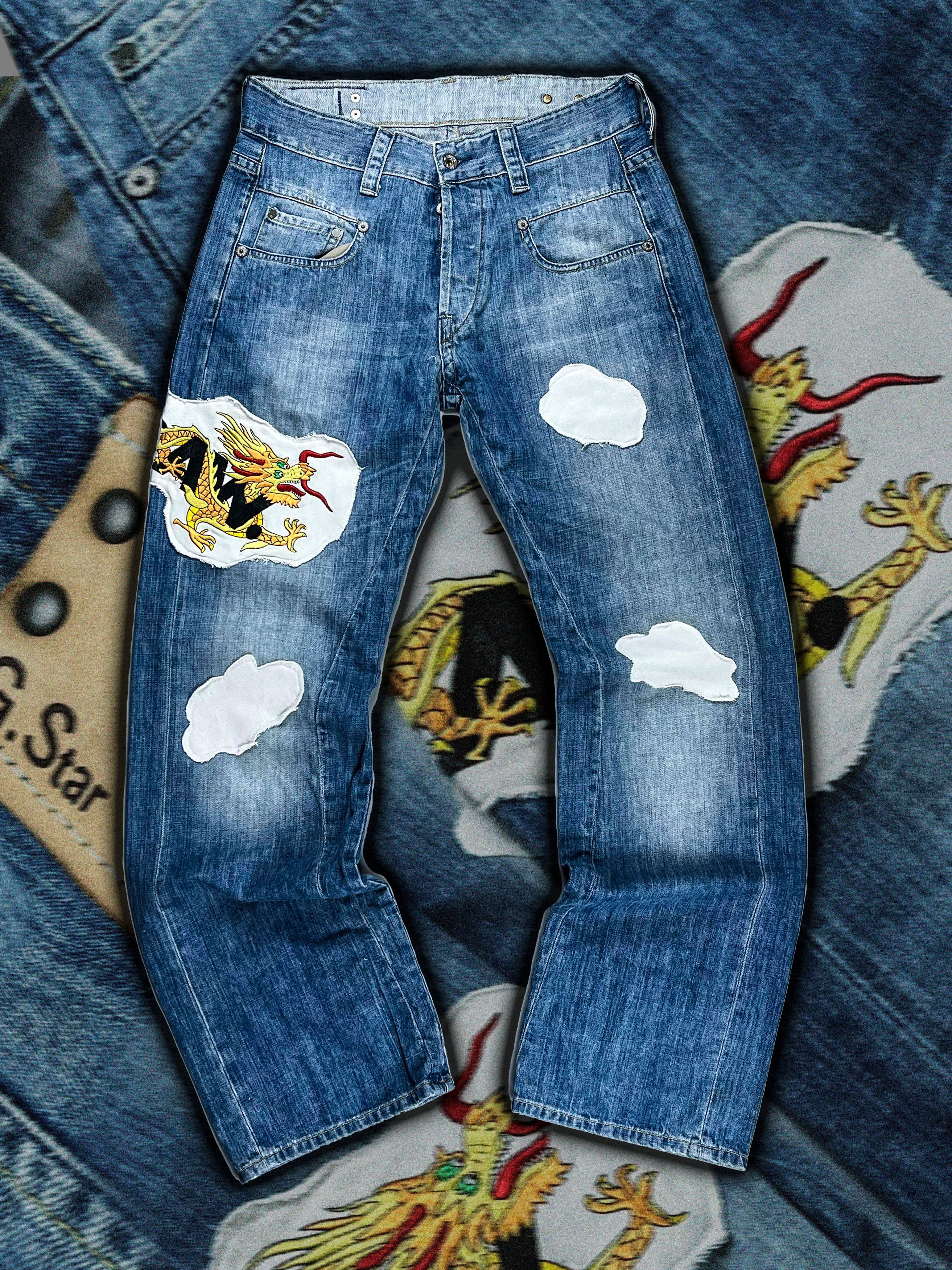 G-Star × Japanese Brand × Vintage G-Star Embroidery Dragon Washed Custom Work Jean Size US 31 - 1 Thumbnail