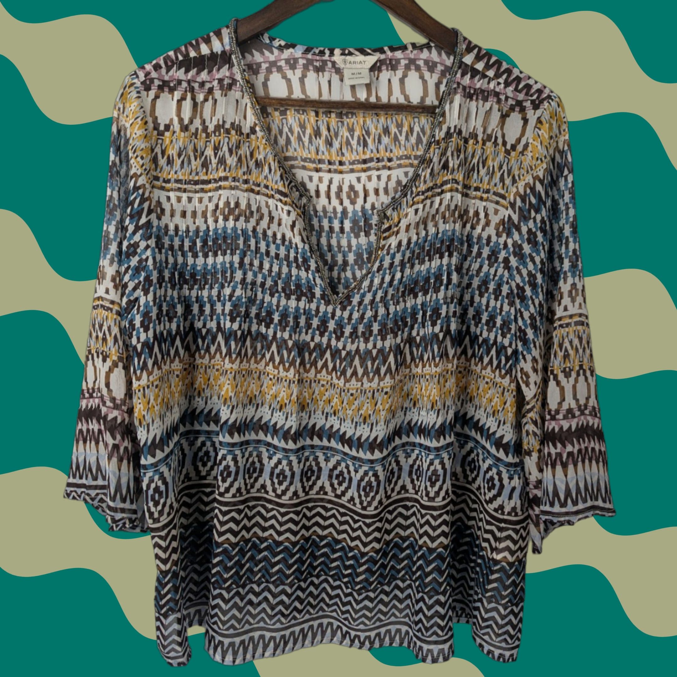 Ariat Ariat Tunic Shirt Geometric Beaded Chiffon Bohemian Western Print 3/4 Sleeve V-Neck Size M Multicolor Casual Womens Size M / US 6-8 / IT 42-44 - 1 Thumbnail