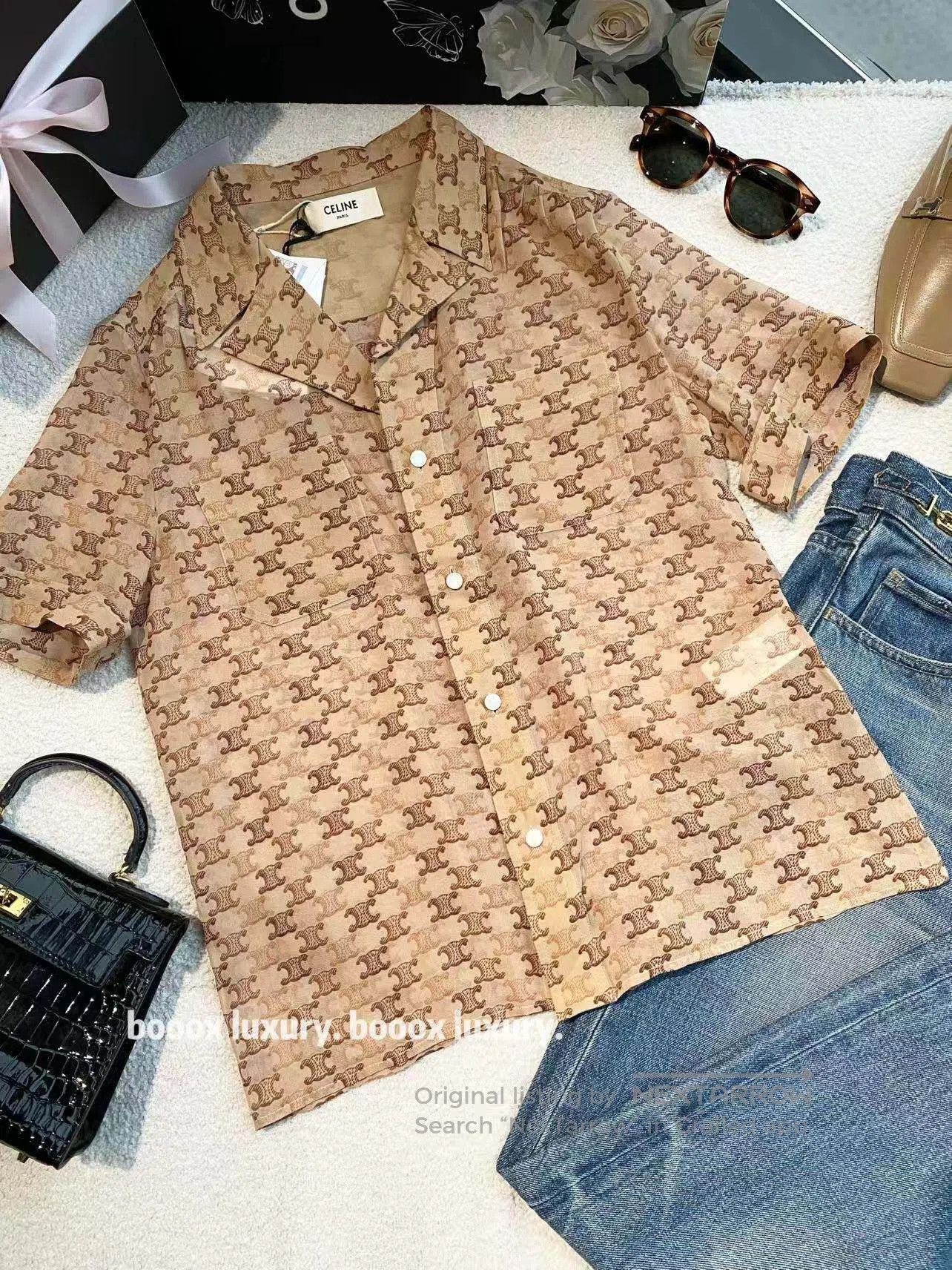 Celine Celine Full logo print mulberry silk short-sleeved top| Size 4XL / US 24-26 - 1 Thumbnail