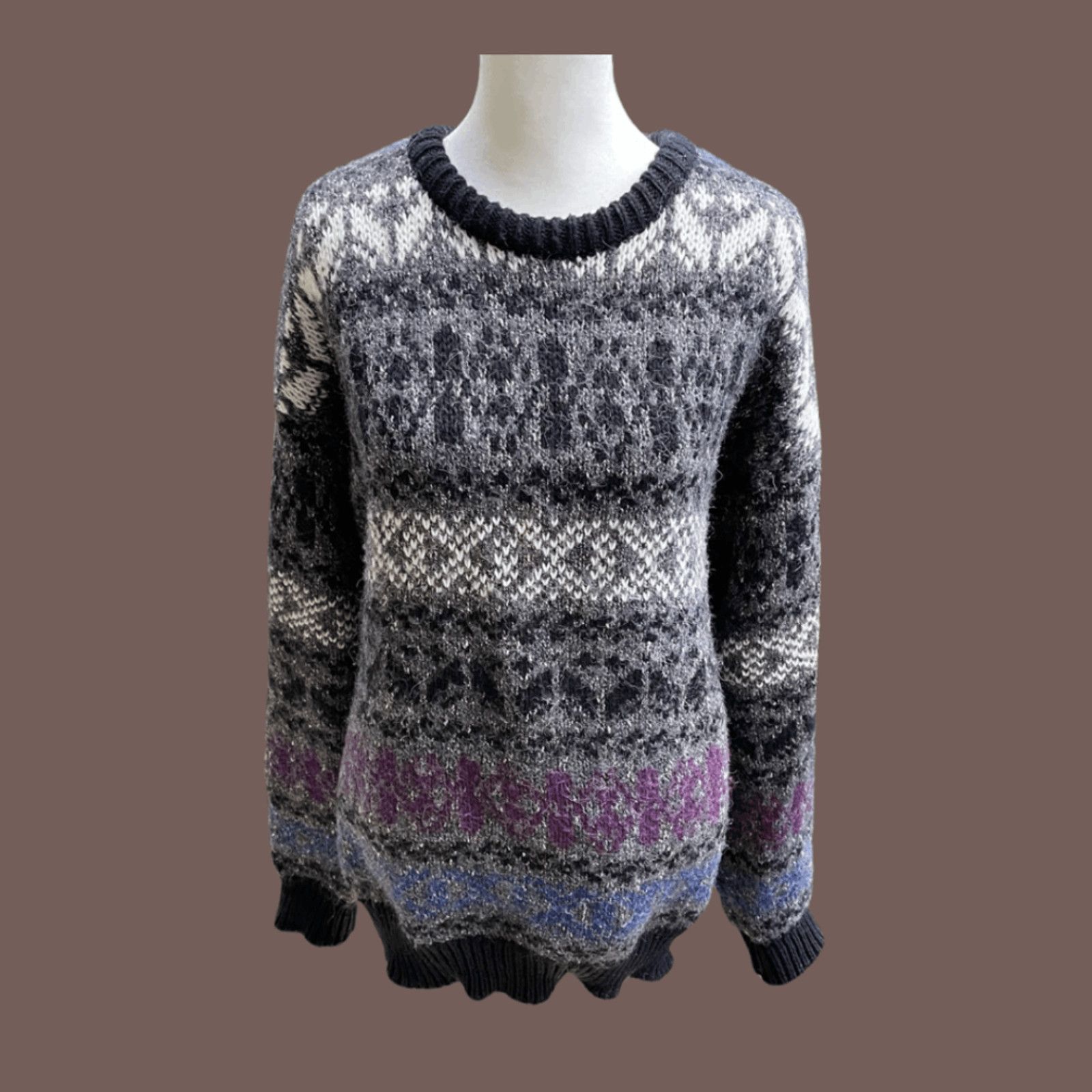 Vintage VTG Pullover Sweater | River Trader Gray Knit 80s Fair Isle Size US XL / EU 56 / 4 - 1 Thumbnail