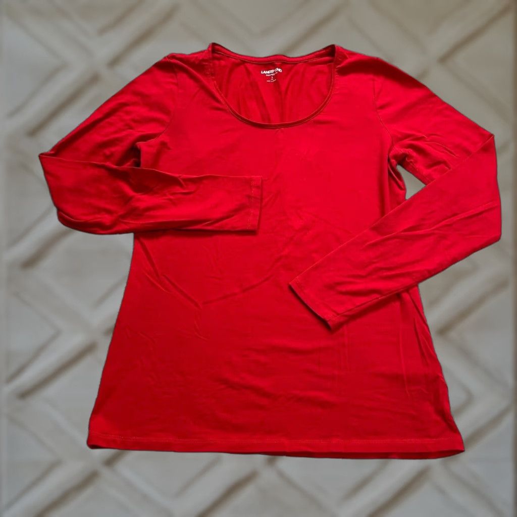 Lands' End Lands' End Basic Long Sleeve Shirt Women Small Red Round Neck Stretch Blouse Size S / US 4 / IT 40 - 1 Thumbnail