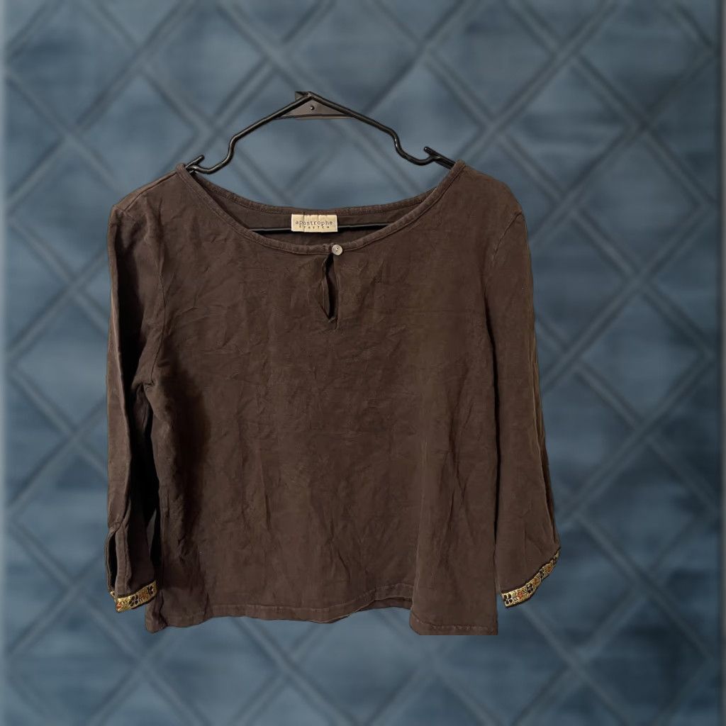 Vintage Apostrophe Brown Solid Women Blouse size M 3/4 Sleeve Keyhole Neck Satin Polyester Casual Shirt Women Size M / US 6-8 / IT 42-44 - 1 Thumbnail