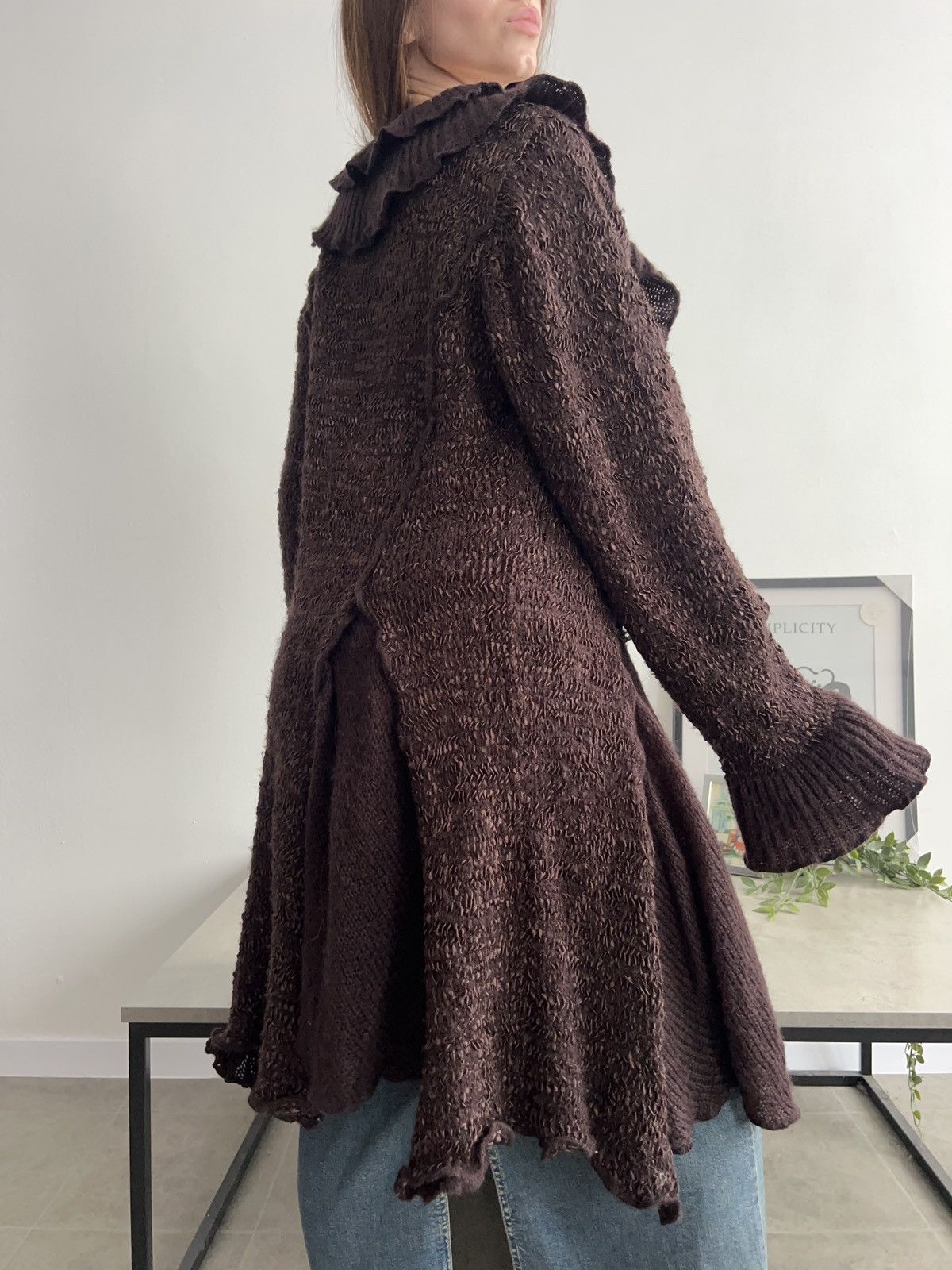 Vintage Gorgeous Long Knit Cardigan Brown Ruffle Y2K Vintage Size M / US 6-8 / IT 42-44 - 4 Thumbnail