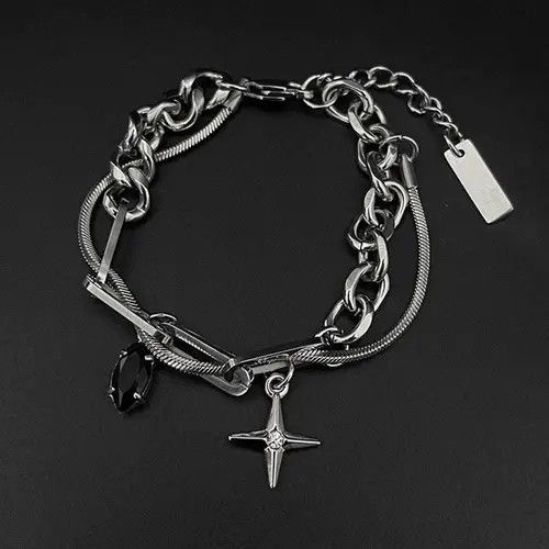 Jewelry Silver Chain Bracelet with Cross and Black Gem Charms Size ONE SIZE - 3 Thumbnail