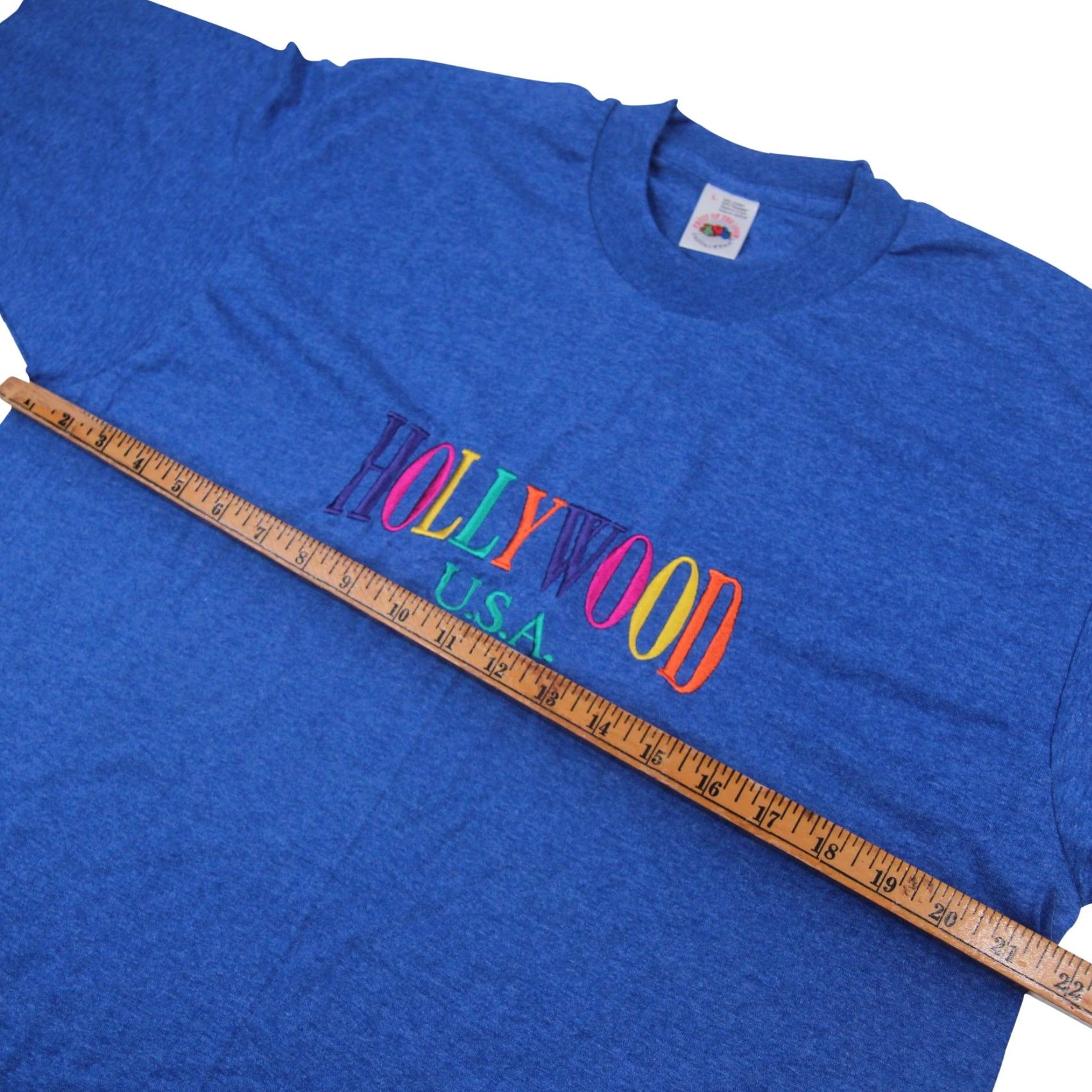 Rainbow VINTAGE Hollywood Mens T-Shirt Blue Rainbow Spellout Embroidered 50/50 21.5x29 Large (L) Shirts Mens Size US L / EU 52-54 / 3 - 5 Thumbnail