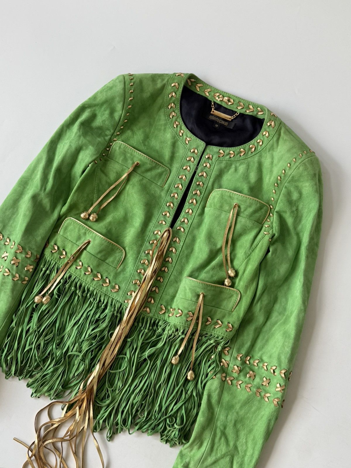 Roberto Cavalli Roberto Cavalli Green Suede Fringe Jacket Size XS / US 0-2 / IT 36-38 - 3 Thumbnail