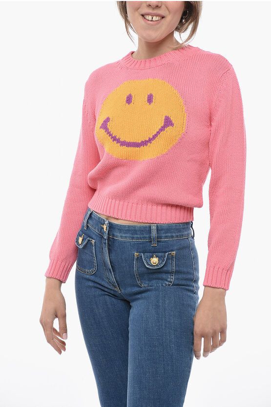 image of Moschino Couture! Crew Neck Smiley Cotton Sweater in Pink, Women's (Size XS)