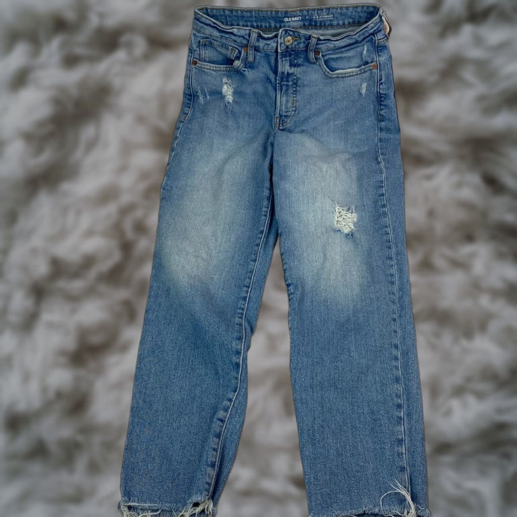 Old Navy VINTAGE Old Navy Womens OG High Rise Straight Jeans Blue Distressed Raw Hem Size 6 Size 28" / US 6 / IT 42 - 1 Thumbnail