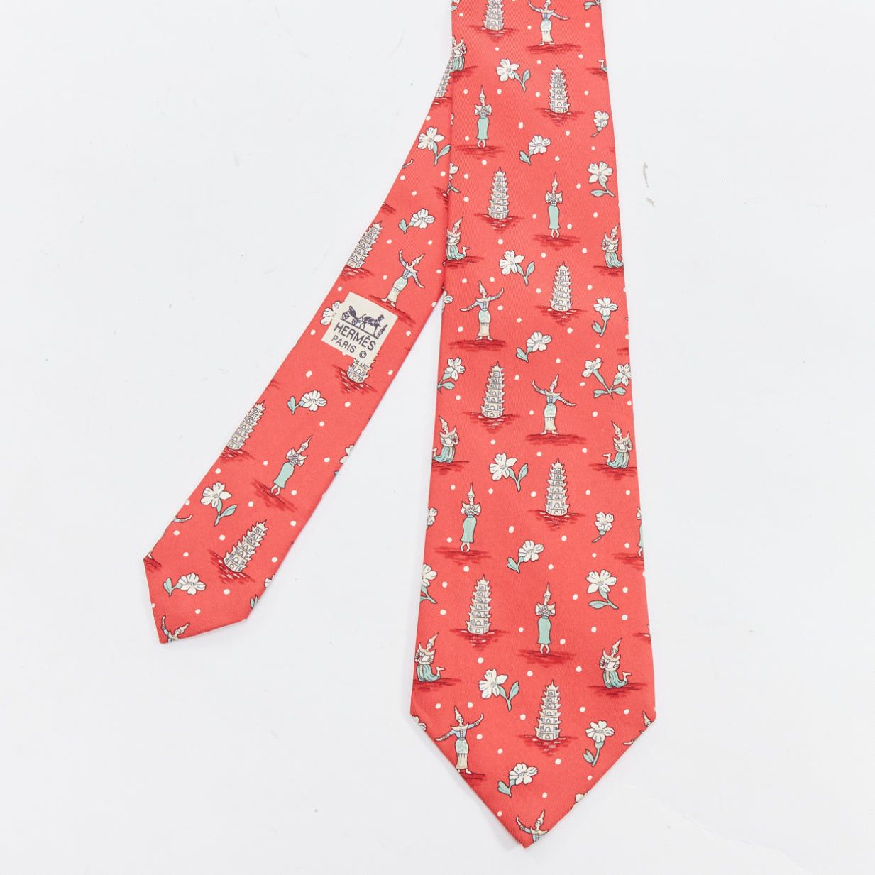 Hermes HERMES 7577 SA red green Thailand Pagoda Floral print silk tie Size ONE SIZE - 1 Thumbnail