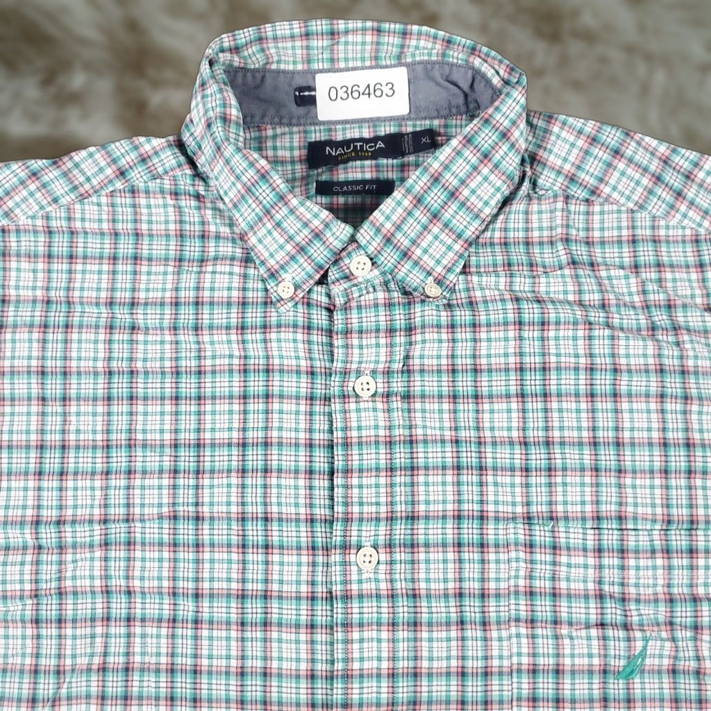 Nautica Nautica Shirt Mens XL Green Plaid Button-Up Short Sleeve Casual Classic Shirt - White Cotton, Regular Fit, Button-Down Collar, Nautica Brand, Adults Size US XL / EU 56 / 4 - 1 Thumbnail