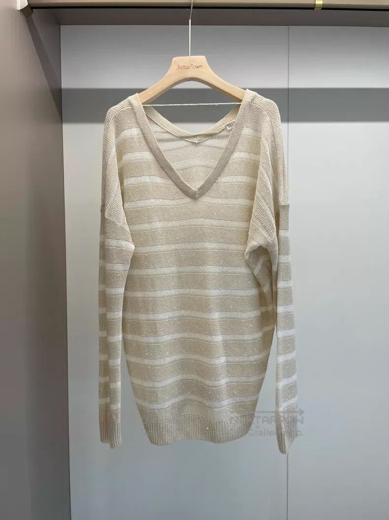 Brunello Cucinelli Brunello Cucinelli Beige linen sequin long-sleeved sweater Size L / US 10 / IT 46 - 1 Thumbnail