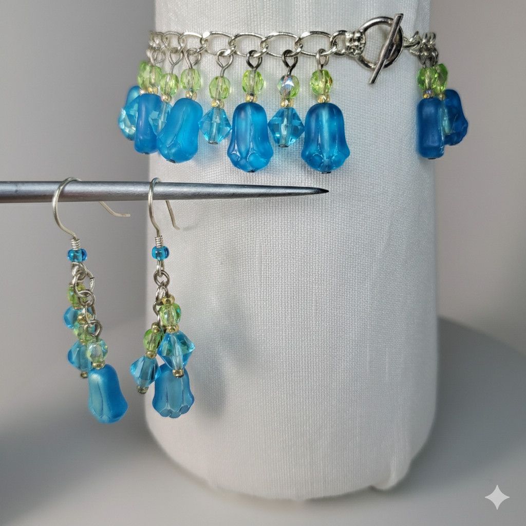 Handmade Tulip 7.5" Charm Bracelet Earrings Set Handmade Blue Czech Size ONE SIZE - 1 Thumbnail