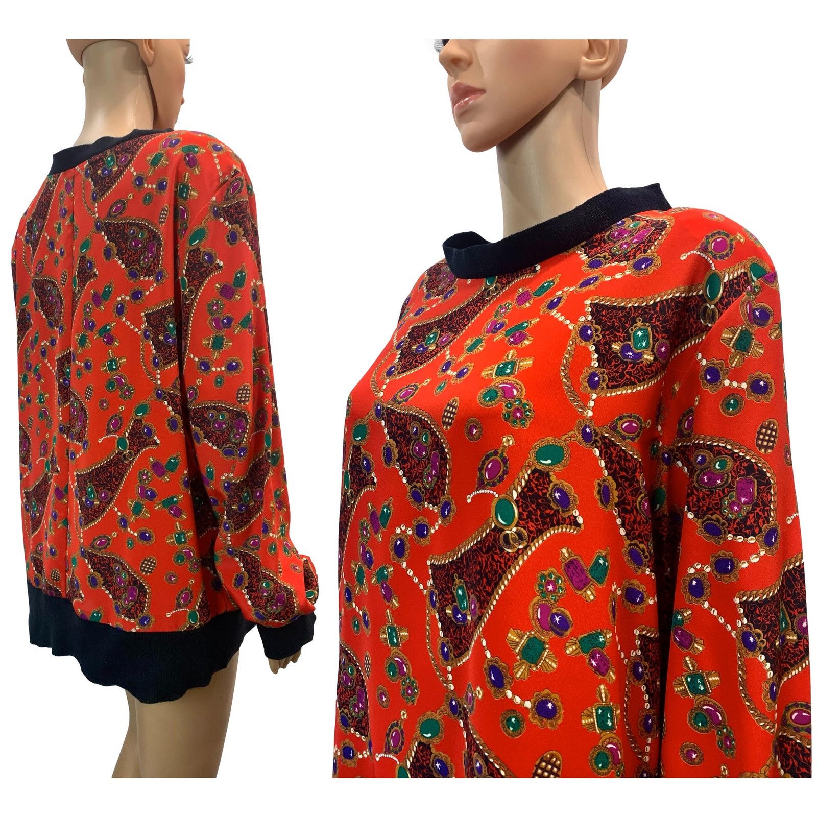 Vintage 80s Oversized Jewel Print Pullover Tunic | Silky Size M / US 6-8 / IT 42-44 - 4 Thumbnail