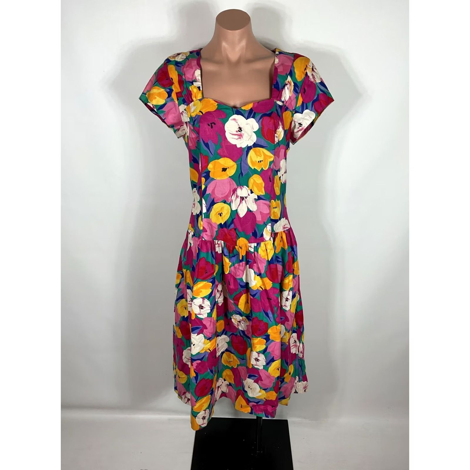 Vintage VINTAGE John Richard Sundress Shirt Dress 80s Floral Red 12 Women/Adult Mod Disco Bow Keyhole Back Occassion Day Dress Size XL / US 12-14 / IT 48-50 - 3 Thumbnail