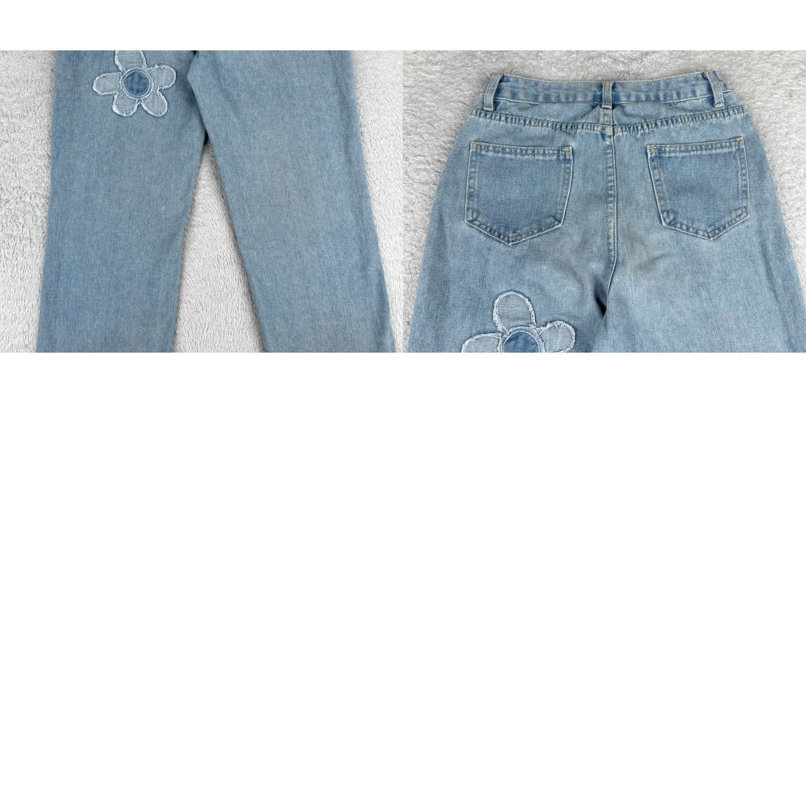 Vintage Women Jeans 25 Blue Denim Wide Leg High Rise Cotton 25x28 Flower Patches Sewn Size 42" / US 20 - 10 Thumbnail