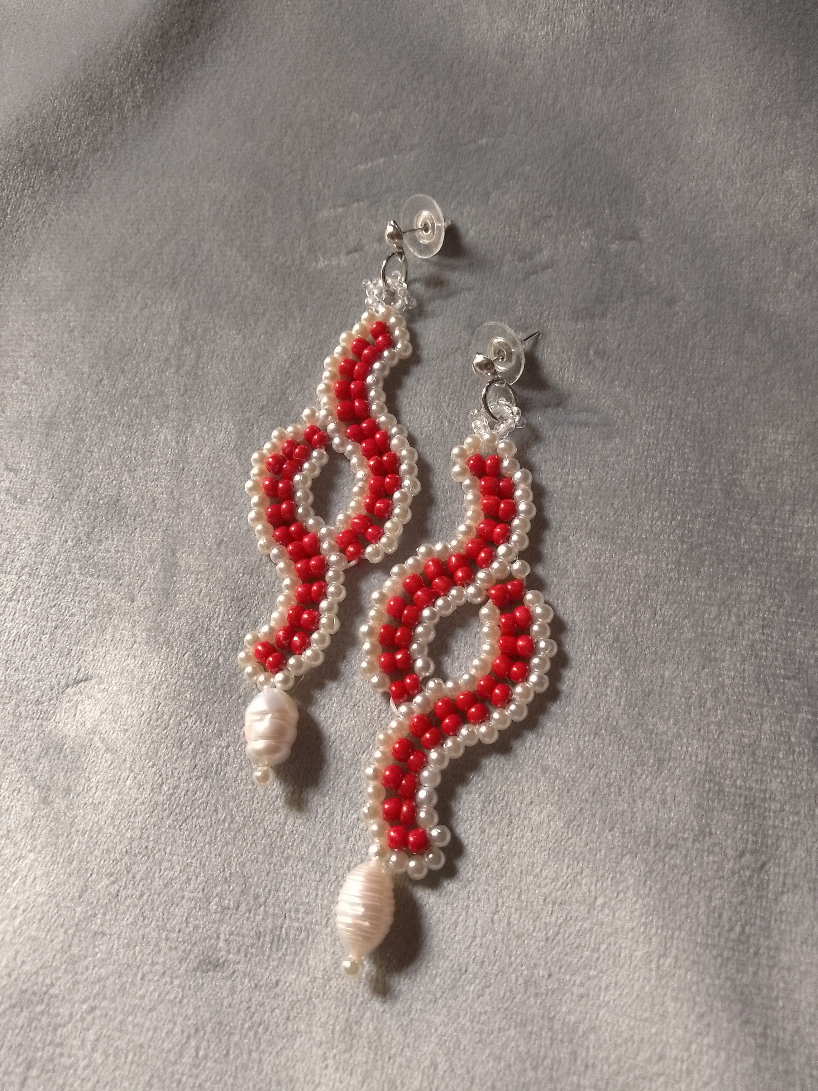 Handmade Long earrings red beaded with Freshwater pearls dangling Size ONE SIZE - 6 Thumbnail
