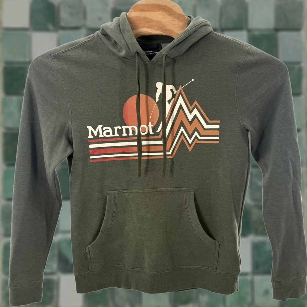 Marmot Marmot Hoodie Pullover Graphic Print Skiing Outdoor Green S Mens Small Retro All Seasons Drawstring Hooded Pockets Logo Size US S / EU 44-46 / 1 - 1 Thumbnail