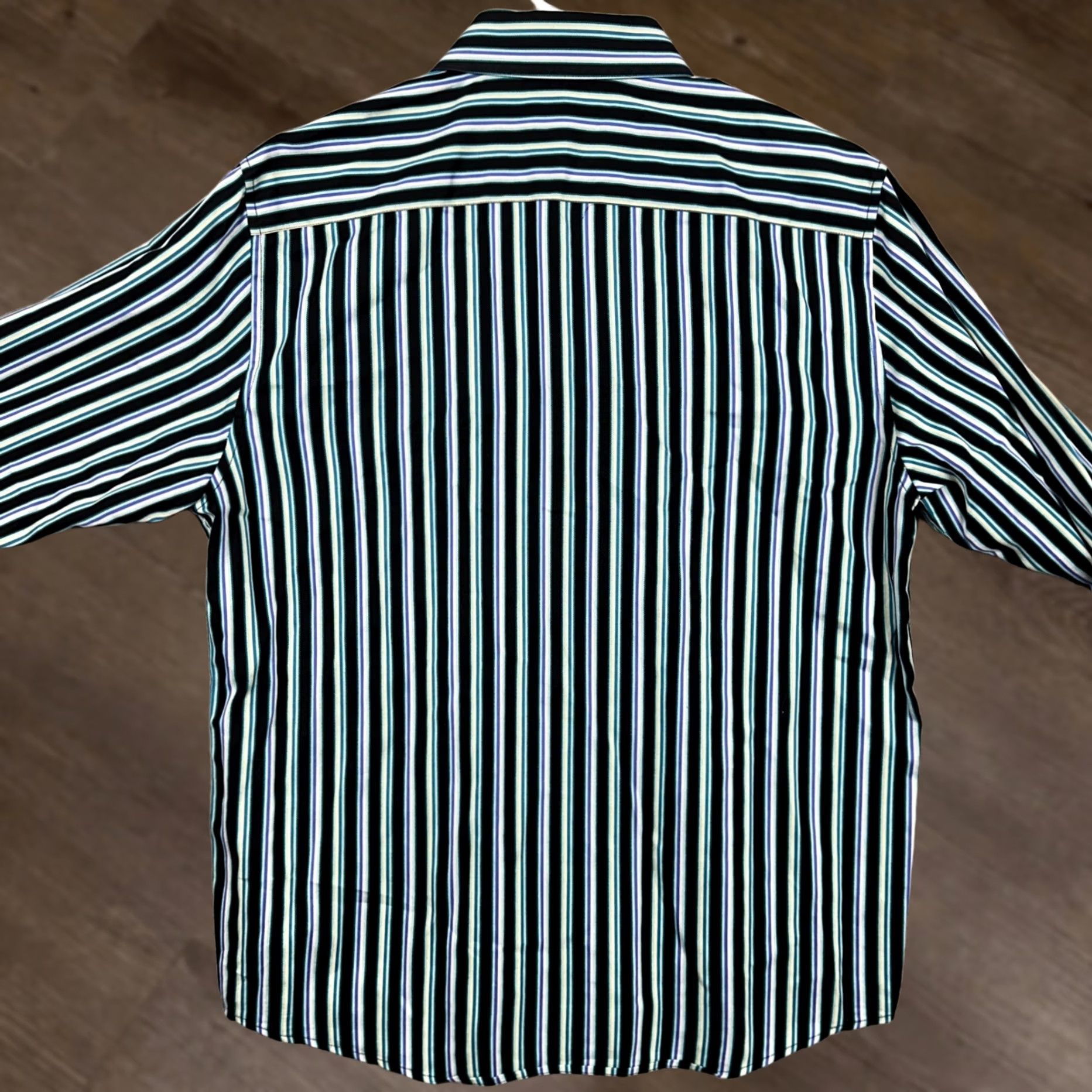 Liz Claiborne Claiborne Mens Large Modern Fit Shirt Dress Black Green Striped French Cuff EUC Size 42R - 1 Thumbnail
