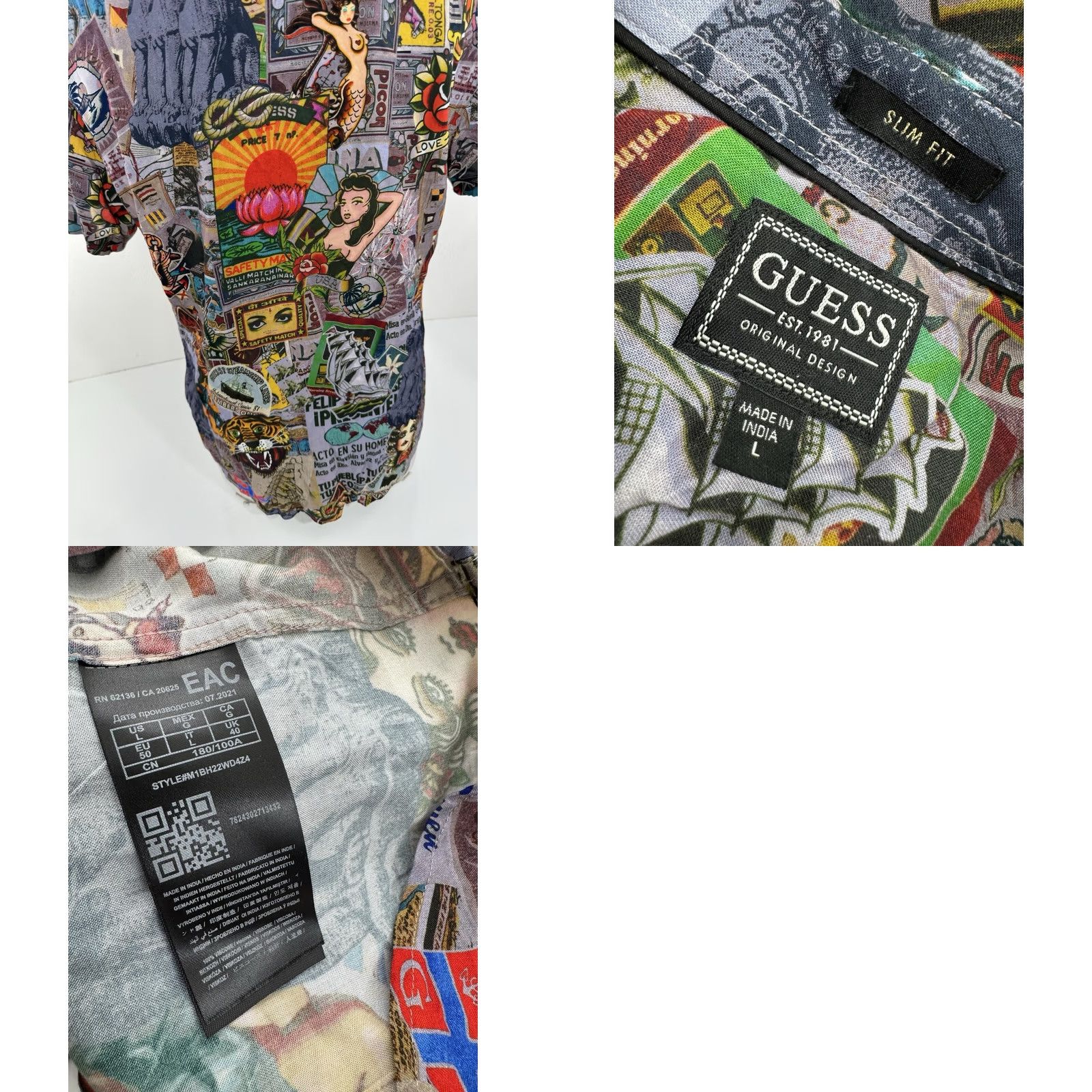 Guess GUESS Hawaiian Shirt Men's Short Sleeve Button-Up Mermaid Tattoo Nautical Travel L Multicolor Ship 90s Theme Girls Mens Boys Size US L / EU 52-54 / 3 - 8 Thumbnail
