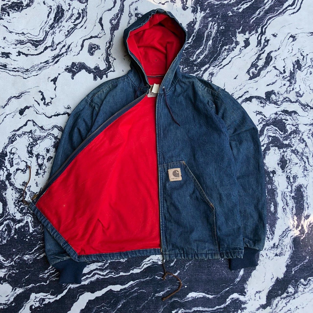 Carhartt Vintage Y2K Carhartt Denim Hoodie Jacket USA Red Lining Size US S / EU 44-46 / 1 - 1 Thumbnail
