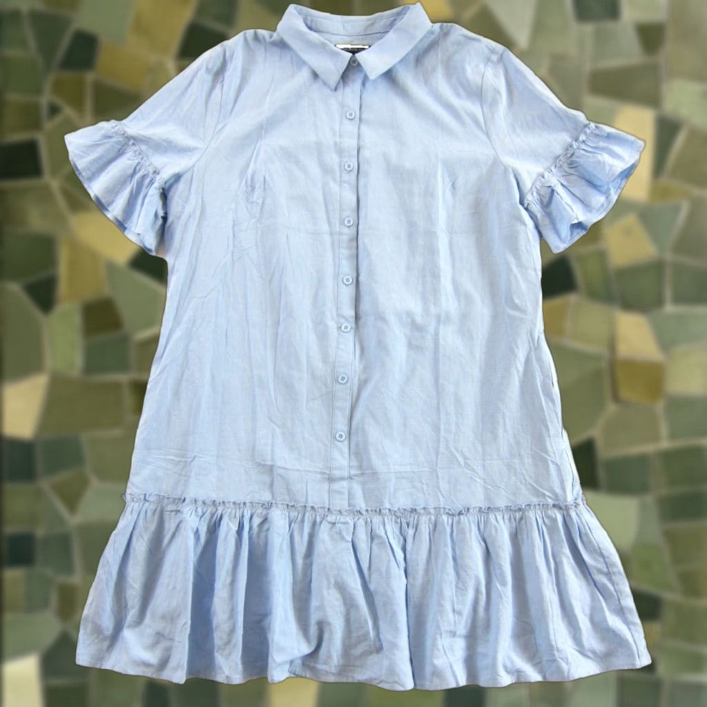 Vintage NWT Merokeety Light Blue Short Ruffle Sleeve Pocket Button Down Shirt Dress L Size L / US 10 / IT 46 - 1 Thumbnail