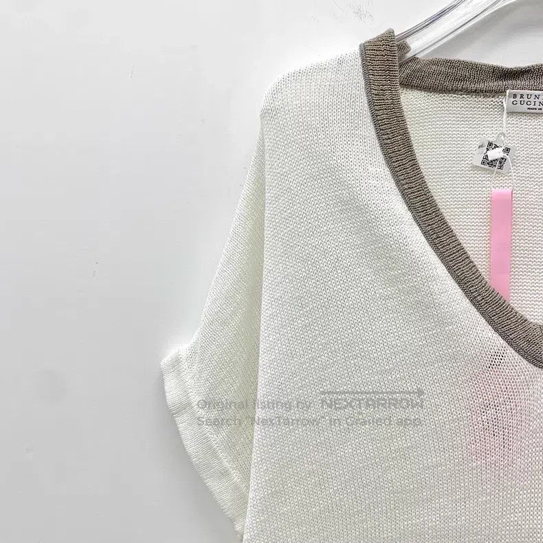 Brunello Cucinelli Brunello Cucinelli White V-neck cotton short-sleeve knit t Size L / US 10 / IT 46 - 3 Thumbnail