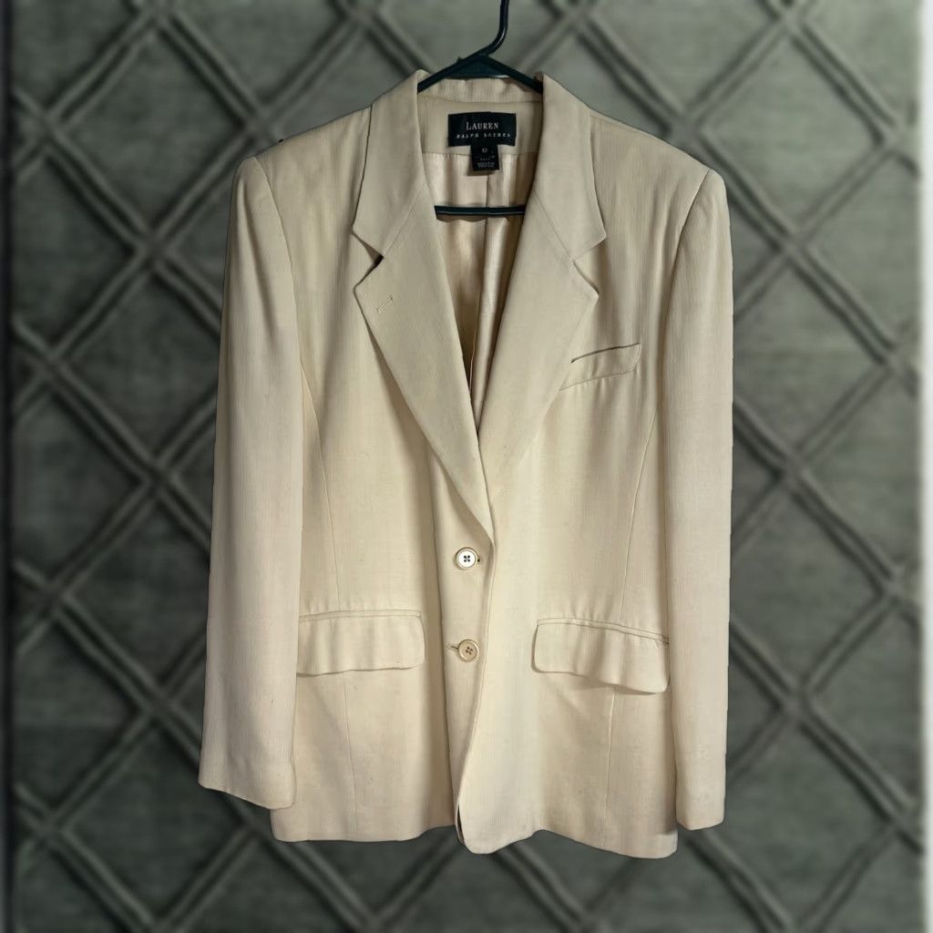 Lauren Ralph Lauren Blazer Women Size 10 Classic Linen Tan Brown Button Shoulder Pads Vintage Style Jacket (Fall Spring) Womens