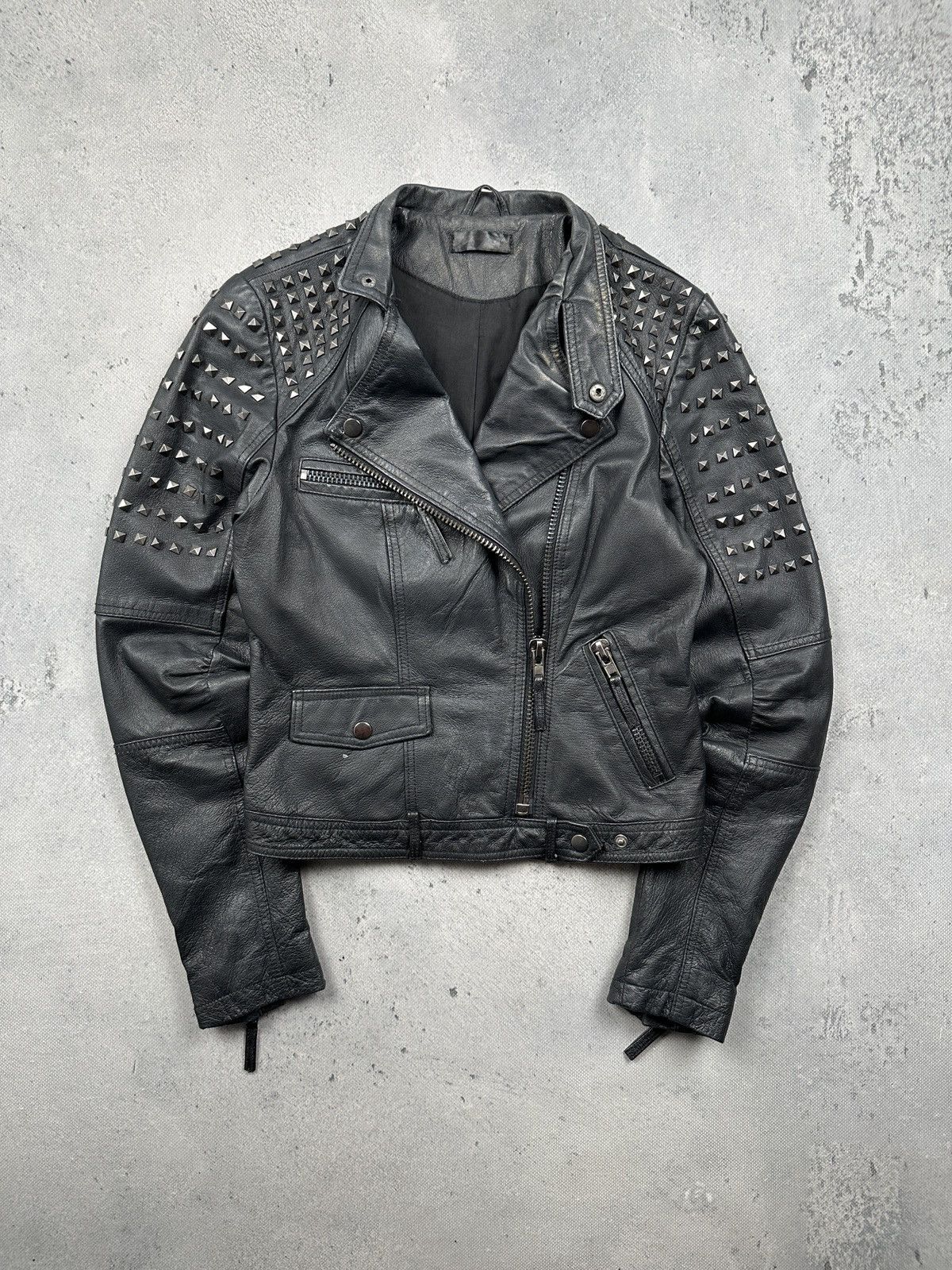 Genuine Leather Never Denim Studded Leather Biker Jacket Black Punk Moto Y2K Size S / US 4 / IT 40 - 1 Thumbnail