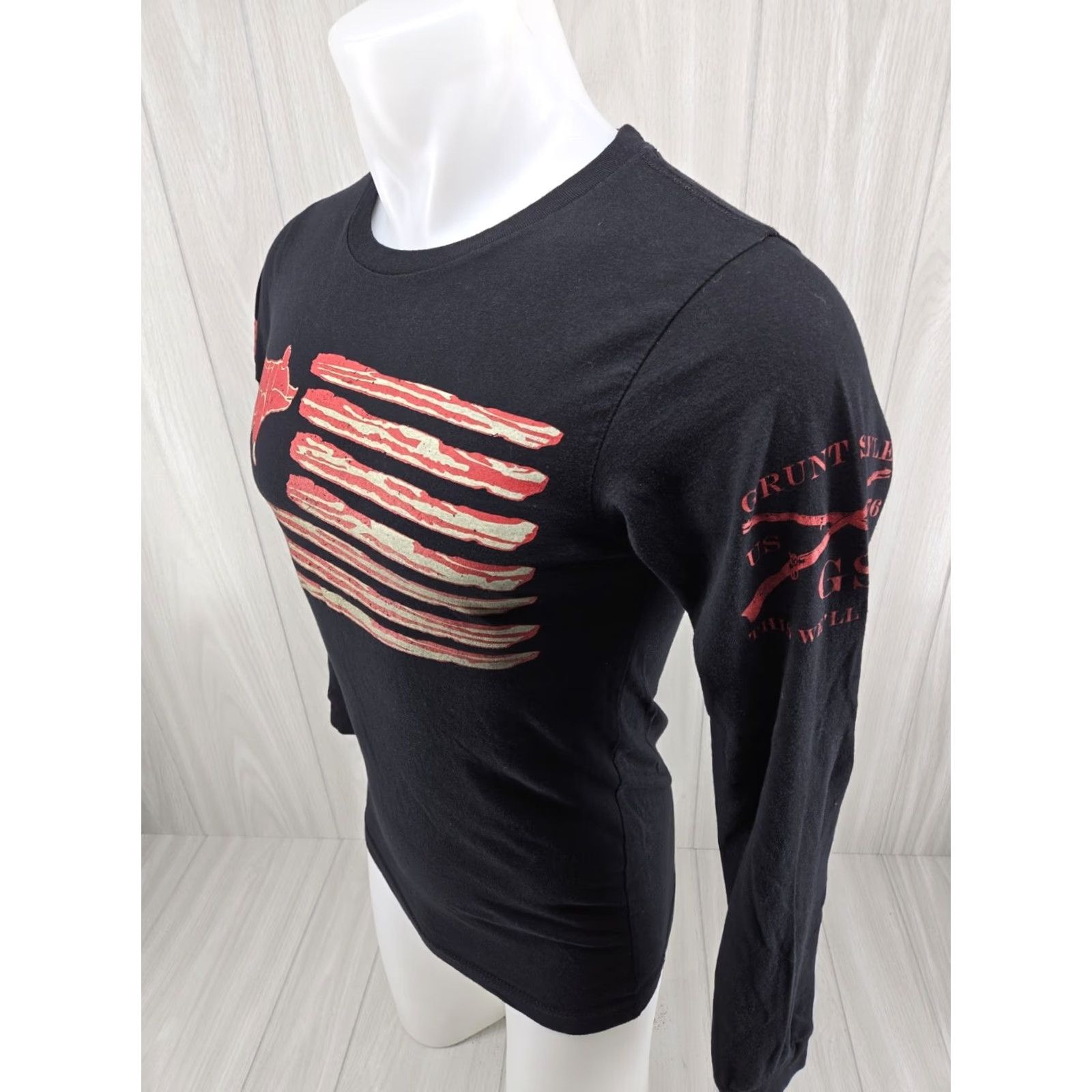 Vintage Grunt Style Long Sleeve Shirt Bacon Flag Small Unisex Adults Men’s S Black Cotton Graphic Print Crew Neck Logo 4-Season Flag Theme Size US S / EU 44-46 / 1 - 5 Thumbnail