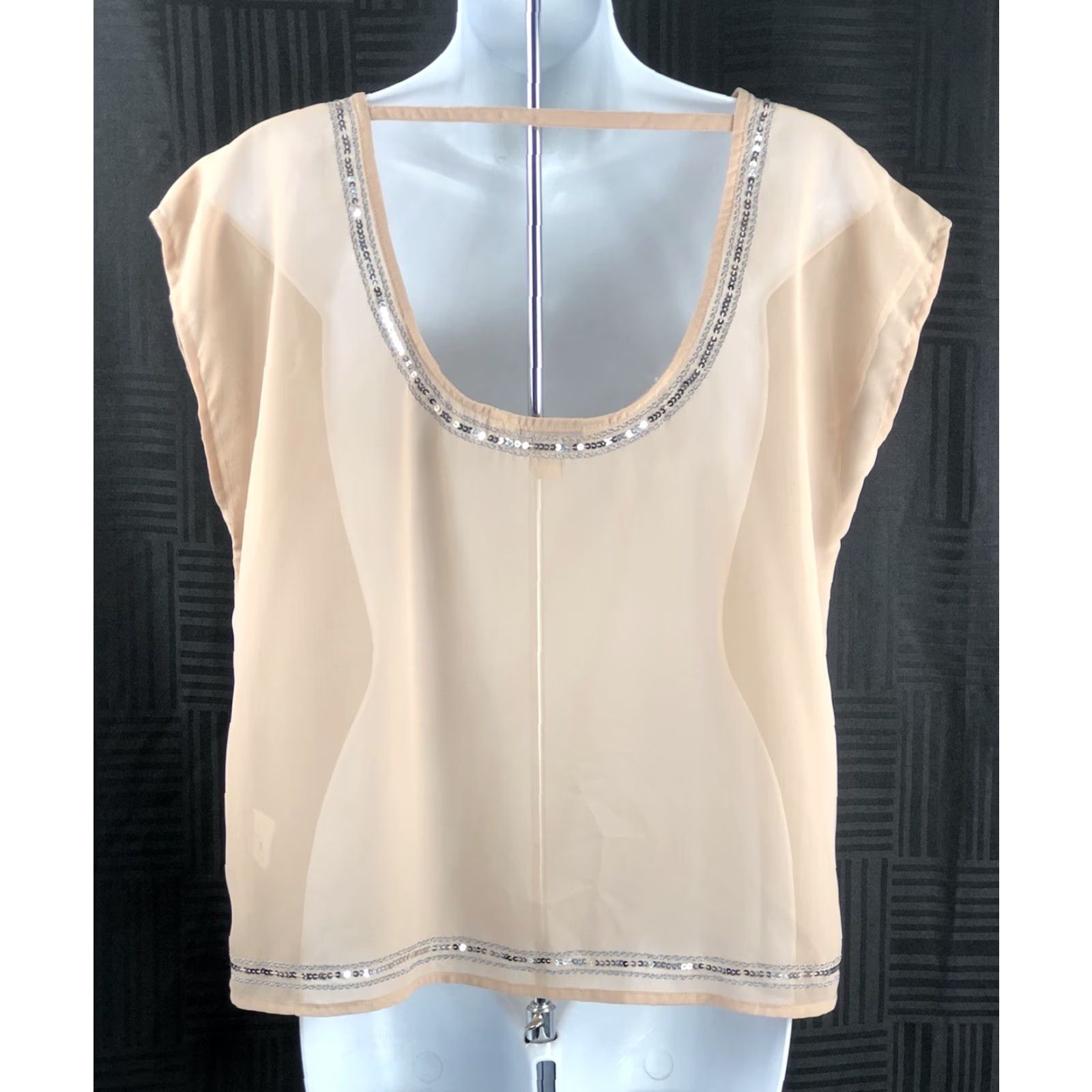 Decree Decree Blouse Shirt M Beige Chiffon Scoop Neck Sequin Bead Short Sleeve Cap Sleeve Casual Bohemian City Classic Elegant Vintage No Size M / US 6-8 / IT 42-44 - 3 Thumbnail