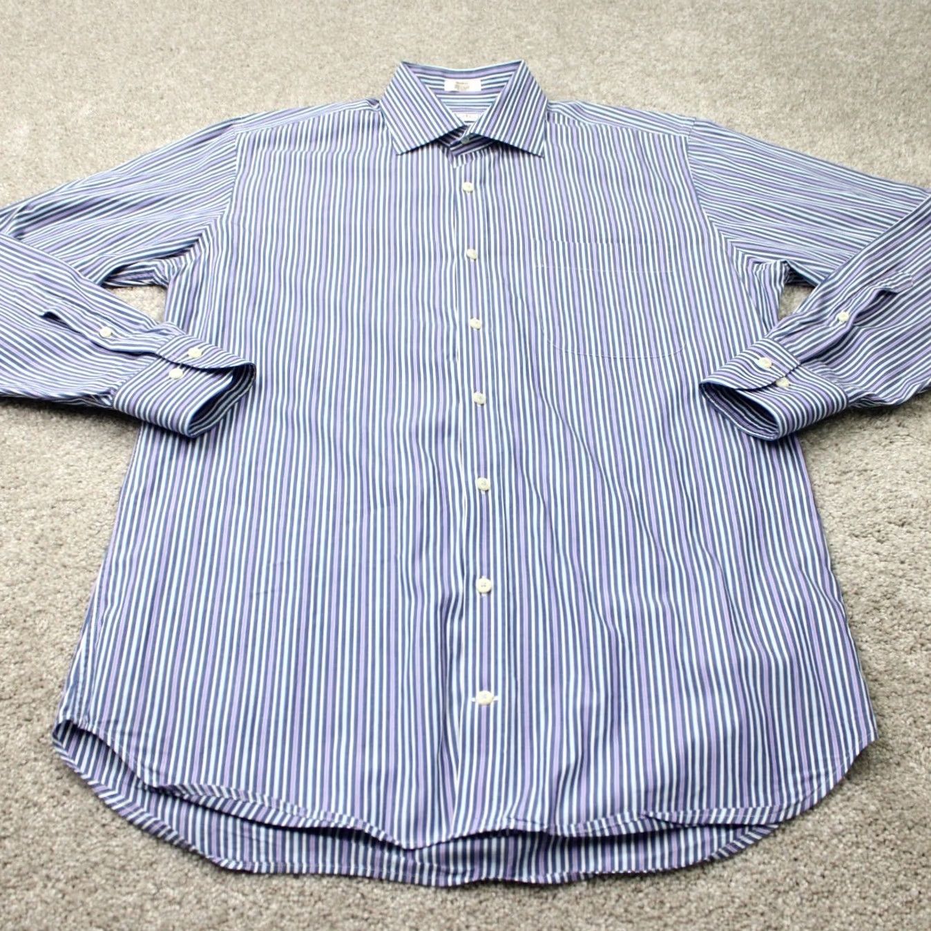 Peter Millar Peter Millar Crown Shirt Mens Medium Blue/Purple/White Striped 100% Cotton Button-Down Long Sleeve Size US M / EU 48-50 / 2 - 3 Thumbnail
